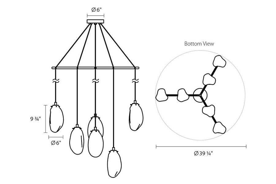 Sonneman Liquid LED Chandelier - Satin Black, 6-Light Standard, Tri-Spreader, Clear Glass