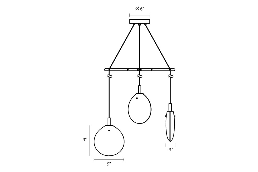 Sonneman Cantina LED Chandelier - Satin Black, Small 3-Light Tri-Spreader, Clear Glass