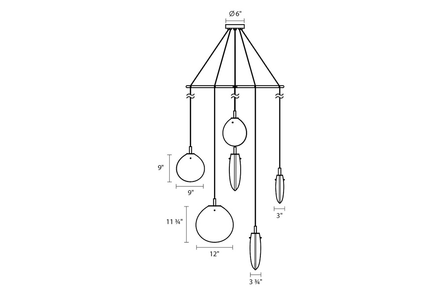 Sonneman Cantina LED Chandelier - Satin Black, 6-Light Tri-Spreader, Clear Glass