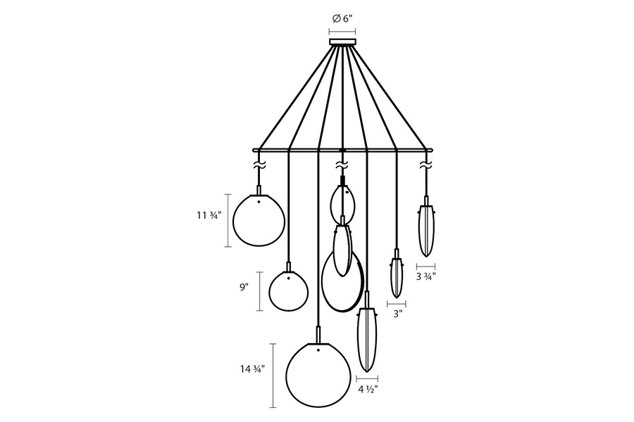 Sonneman Cantina LED Chandelier - Satin Black, 9-Light Tri-Spreader, Clear Glass