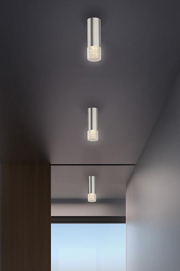 Sonneman ALC LED Pendant - Satin Nickel, 3" Small, 25 Narrow Flood Lens, Etched Ribbon Glass Trim