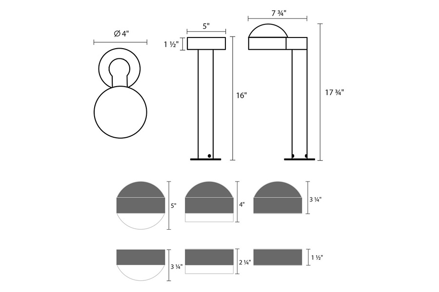 Sonneman REALS LED Bollard - Textured Gray, 16", Dome Cap and Dome LEns