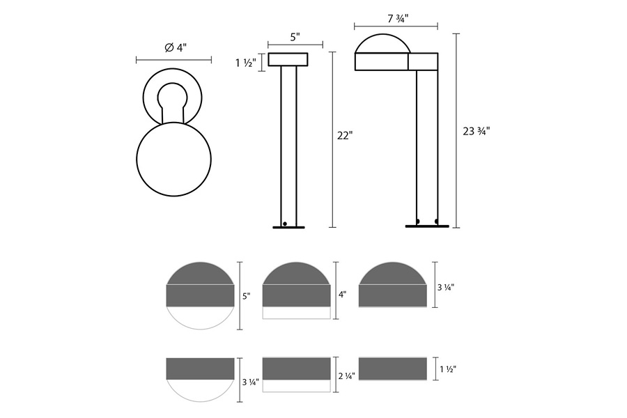 Sonneman REALS LED Bollard - Textured Gray, 22", Dome Cap and Dome LEns