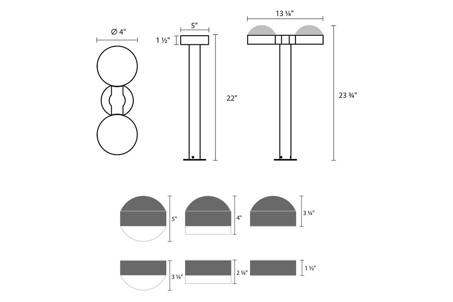 Sonneman REALS LED Double Bollard - Textured Gray, 22", Dome Caps and Dome Lenses