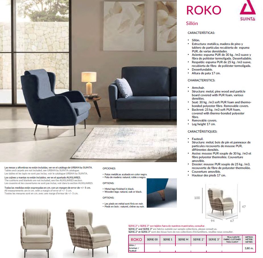 Suinta - Roko Solid Print Armchair in Fabric, Flared Arms