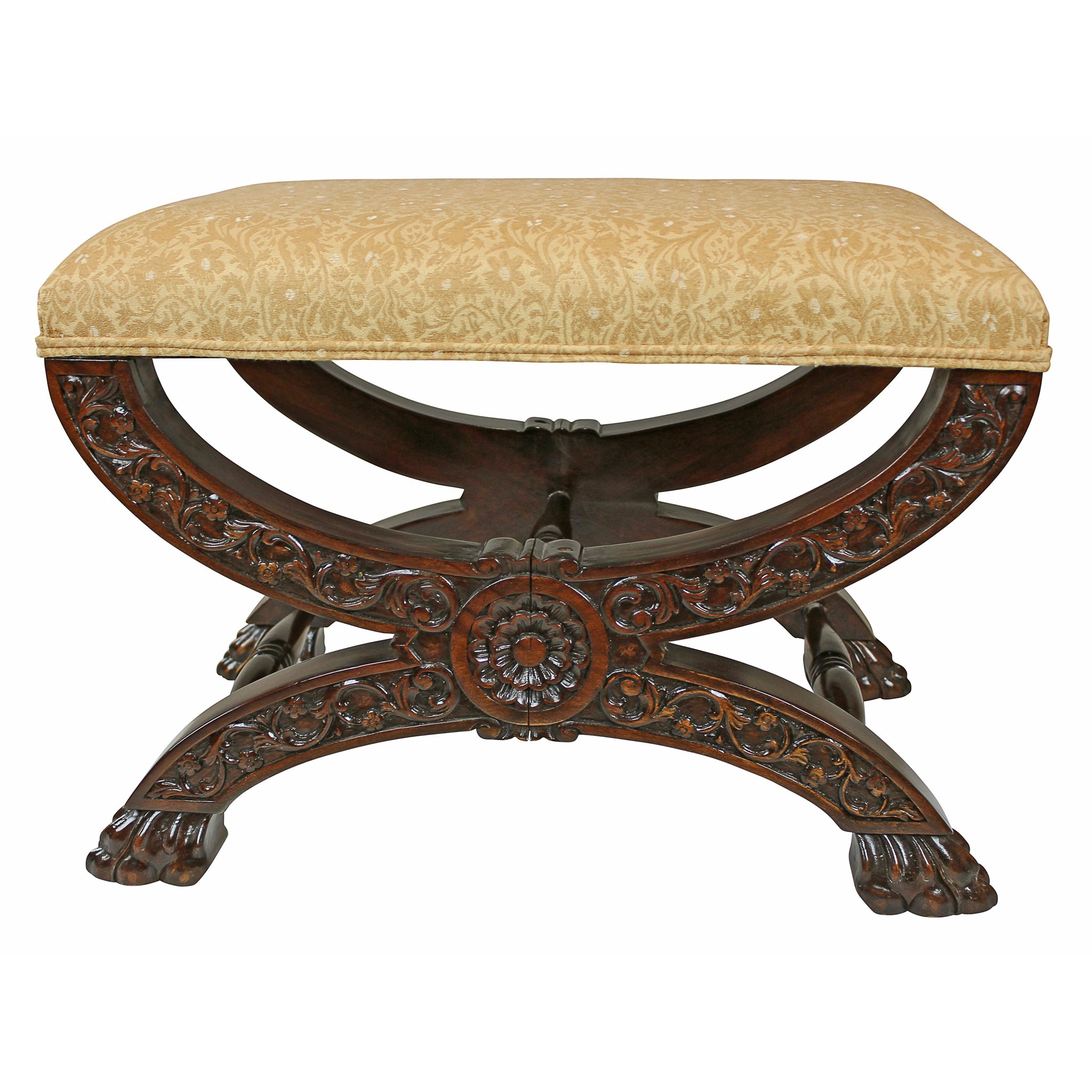 Toscano - Renaissance Curulis Ottoman Stool in Fabric/Mahogany