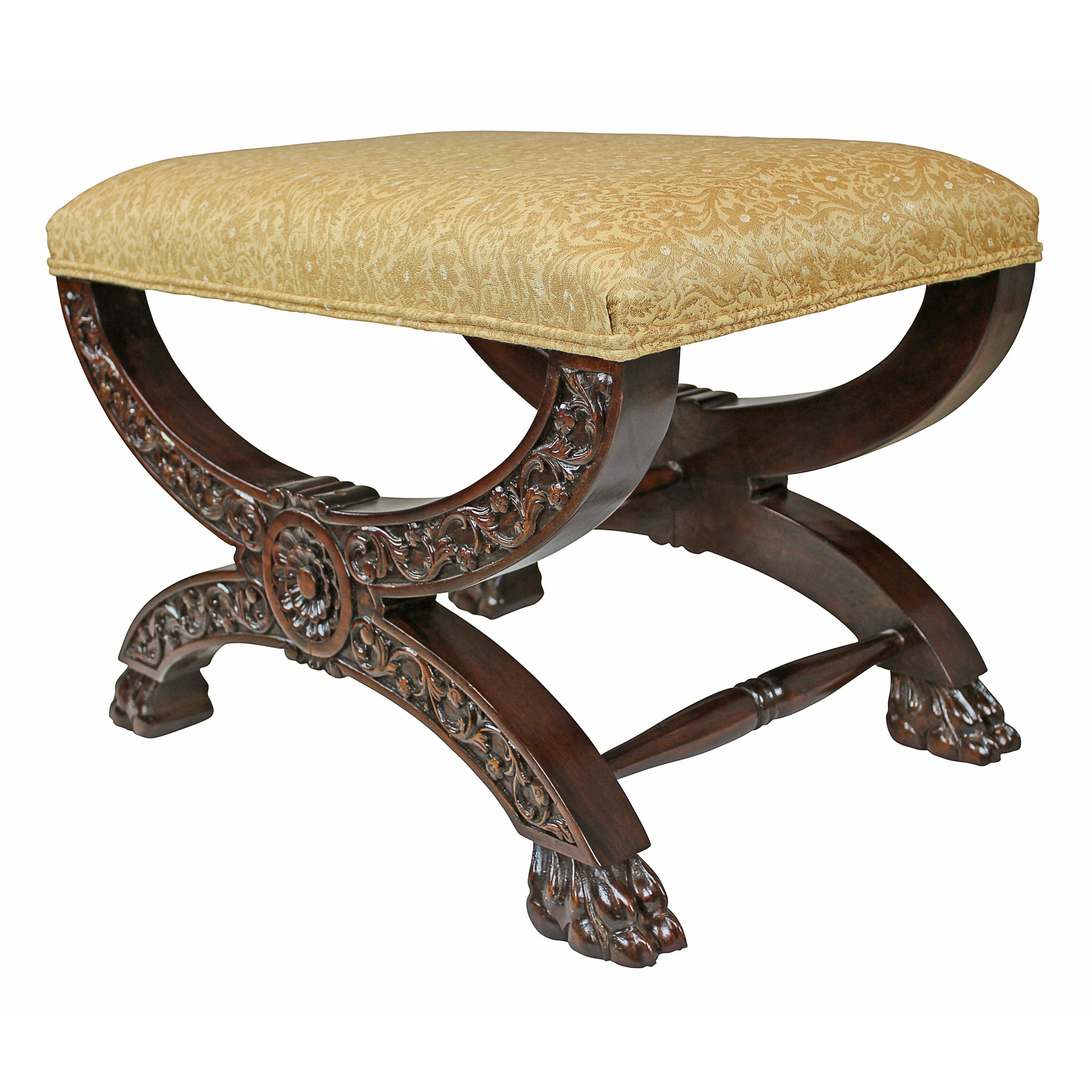 Toscano - Renaissance Curulis Ottoman Stool in Fabric/Mahogany