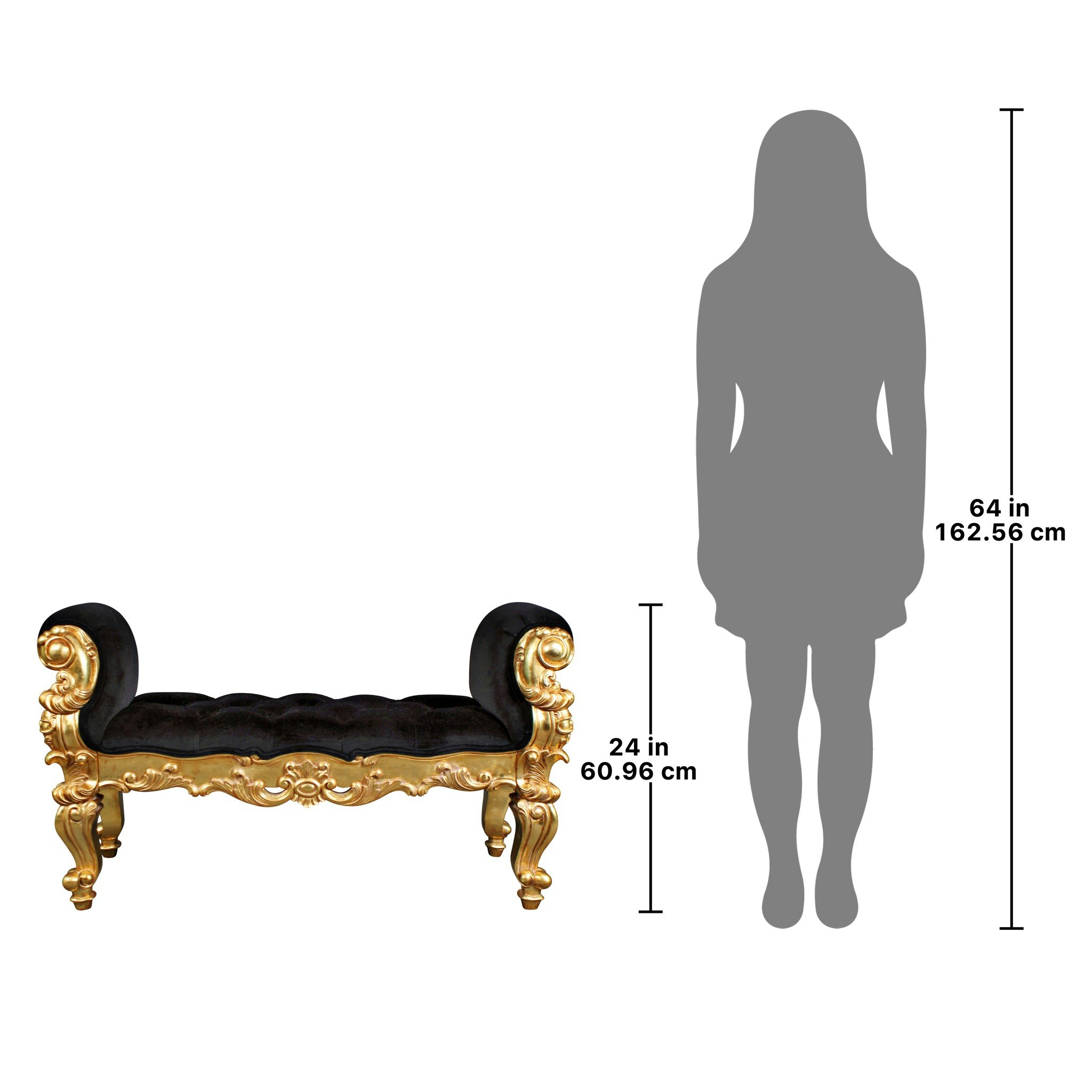 Toscano - The Arrondissement Tufted Double Rolled Arm Bench in Black/Gold, Velvet/Mahogany