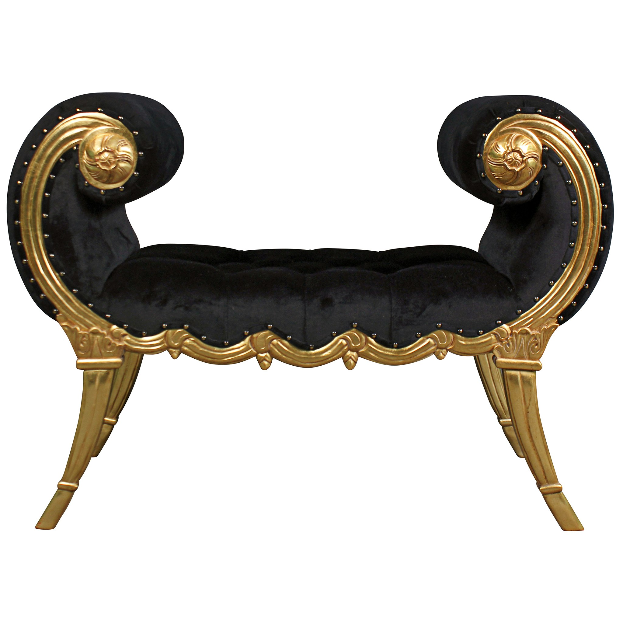 Toscano - Apolline Crescent Scrolled Boudoir Bench in Ebony/Gold, Velvet/Mahogany