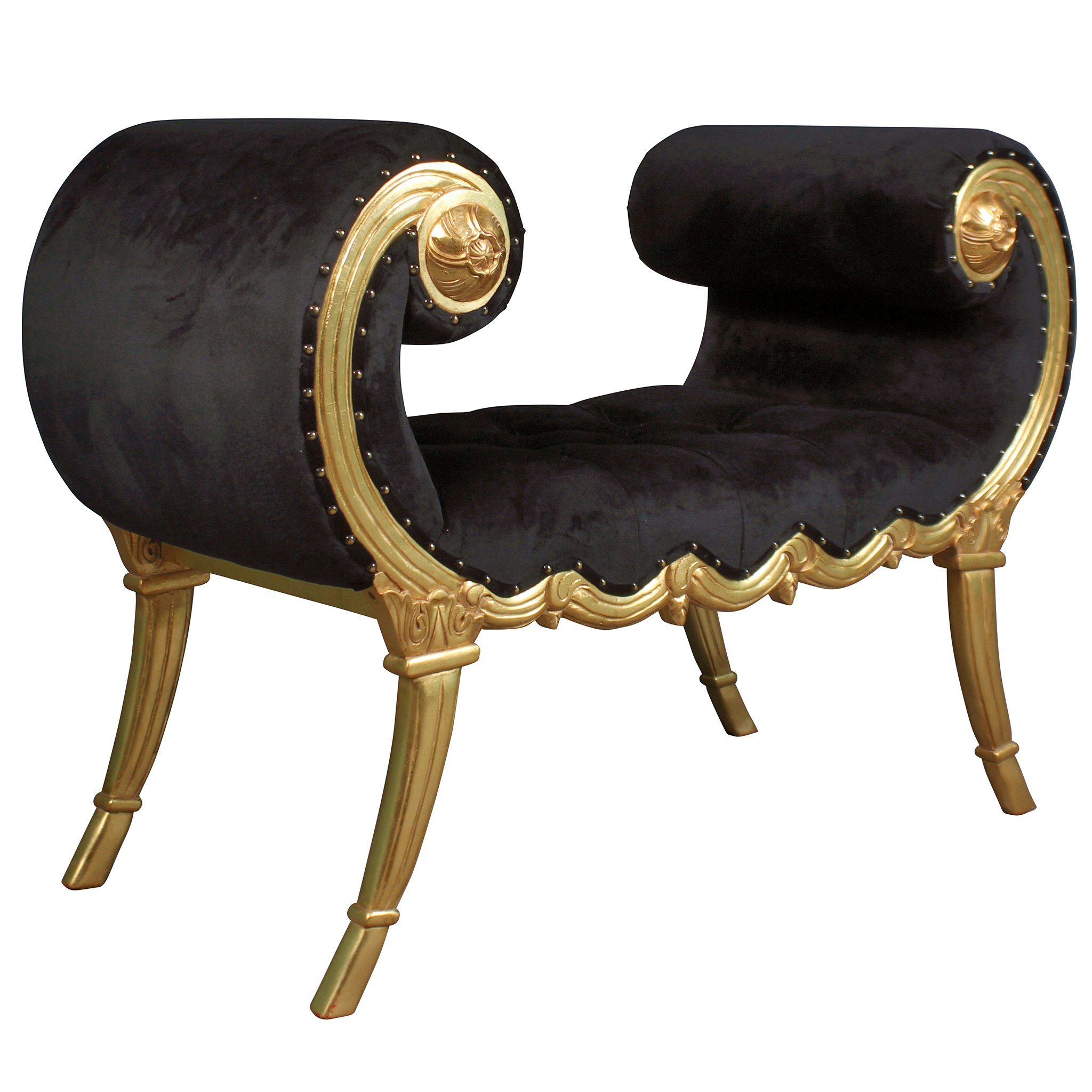 Toscano - Apolline Crescent Scrolled Boudoir Bench in Ebony/Gold, Velvet/Mahogany