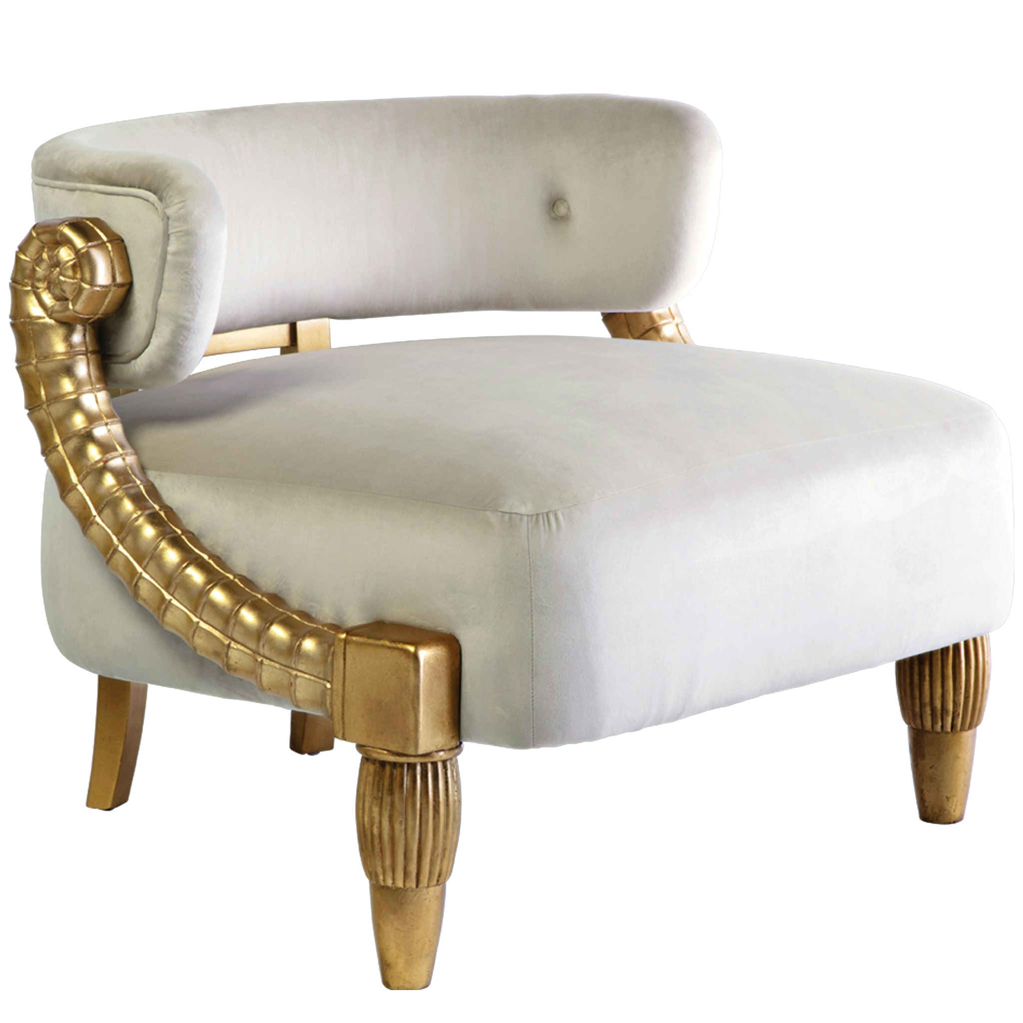 Toscano - Contemporary Ammon Horn Tub Chair in Ivory/Gold, Velvet/Mahogany