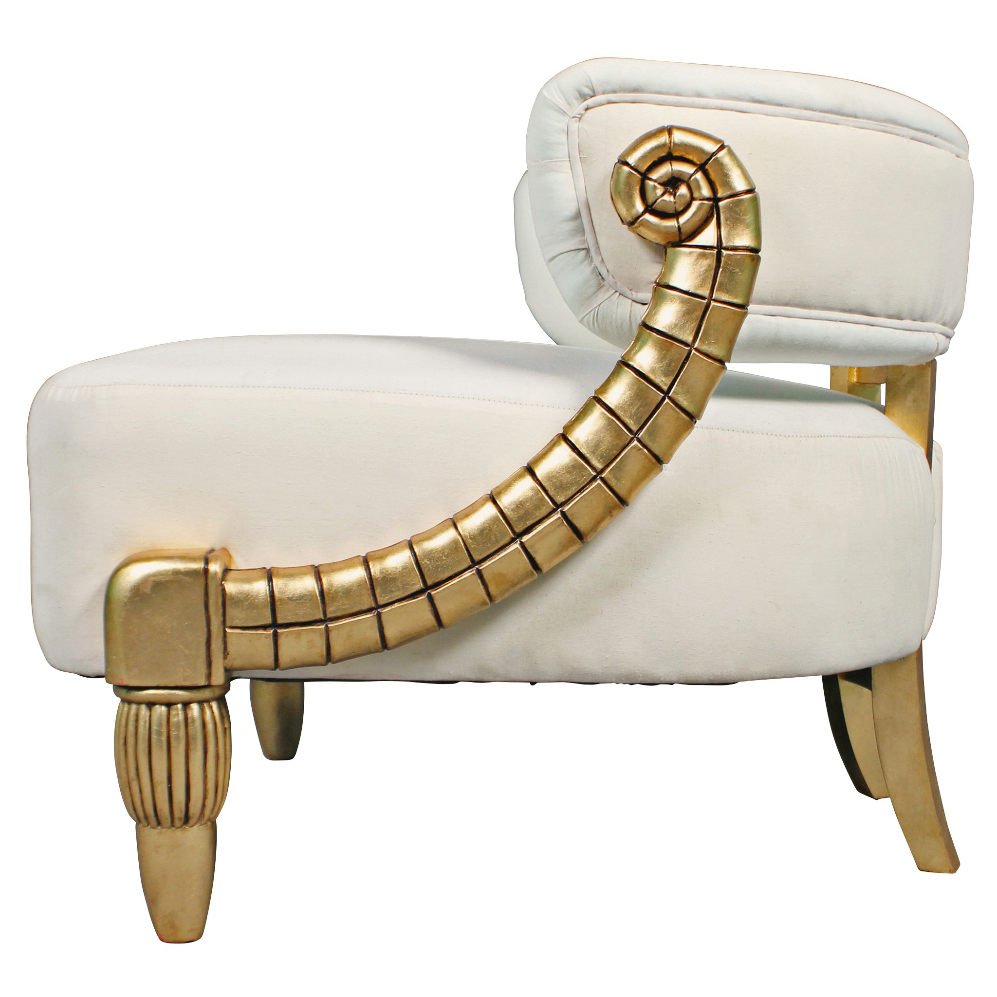 Toscano - Contemporary Ammon Horn Tub Chair in Ivory/Gold, Velvet/Mahogany