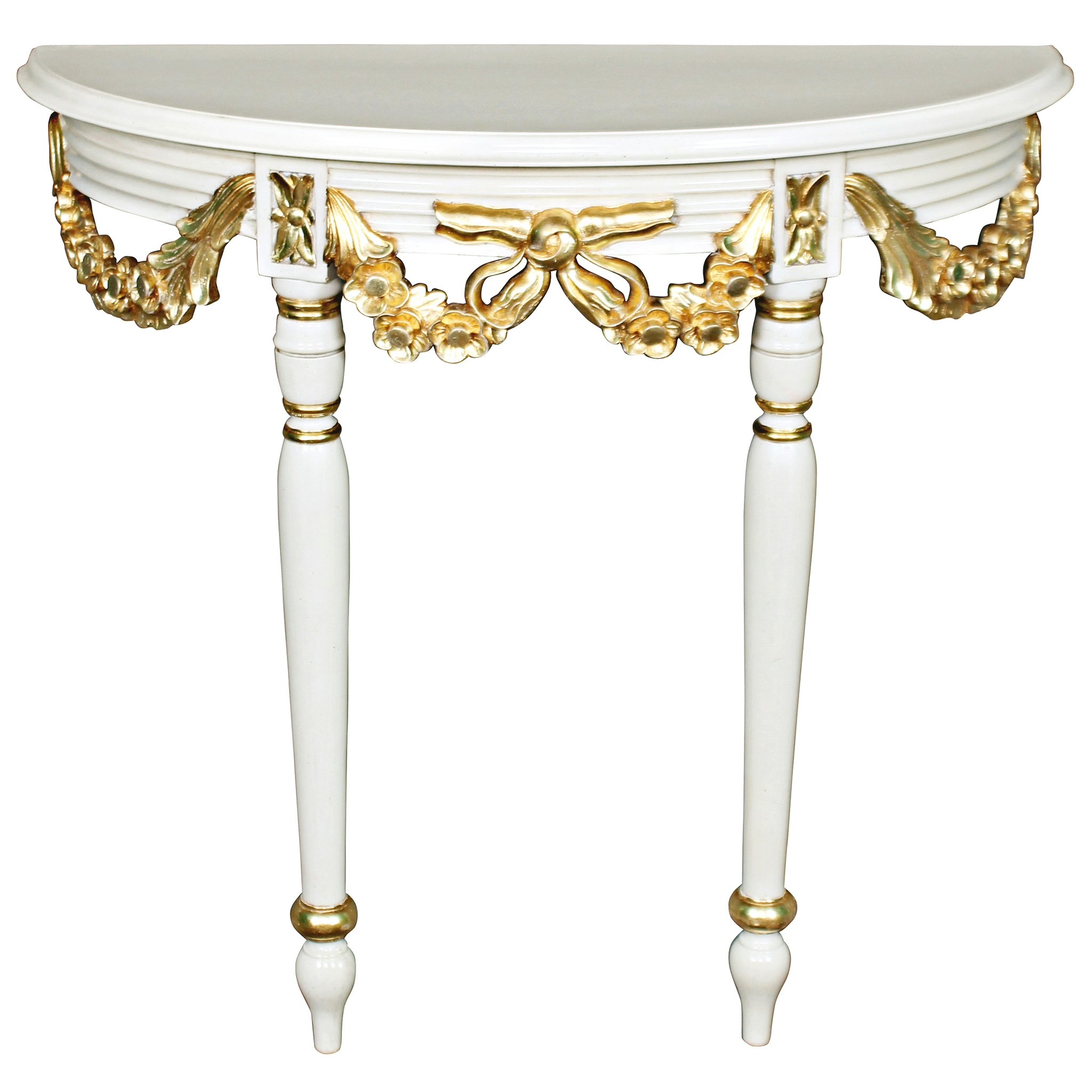 Toscano - Louis XVI-Style Crescent Golden Ribbon Wall Console Table in Ivory/Gold, Mahogany