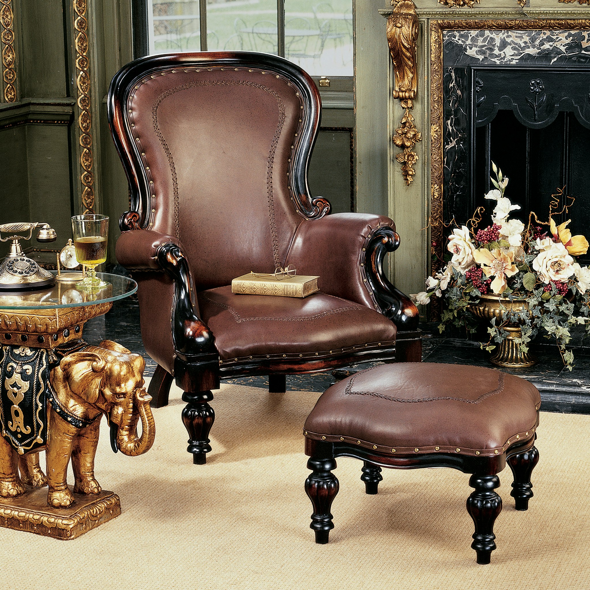 Toscano - Victorian-Style Wing Chair in Brown, Faux Leather