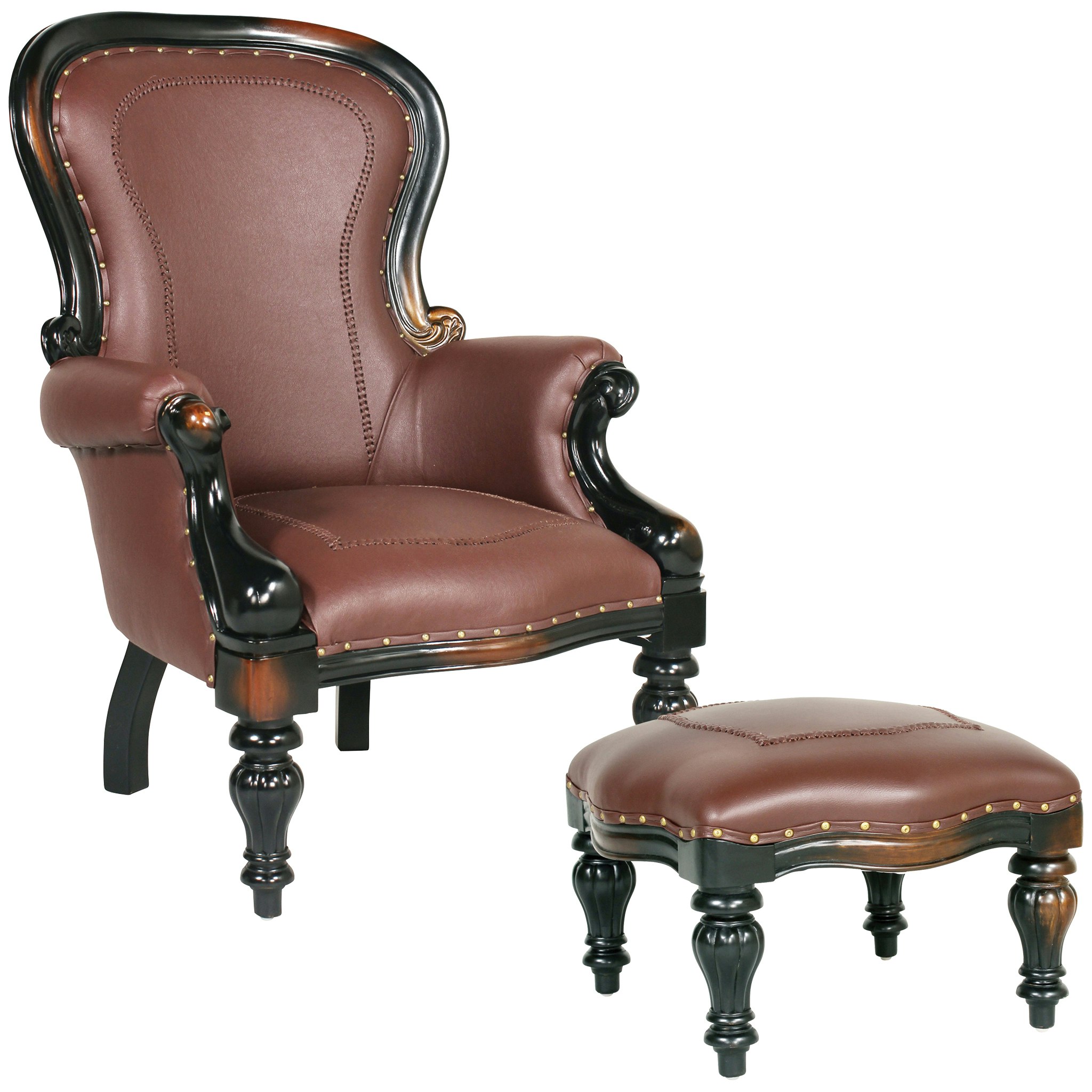 Toscano™ Victorian-Style Wing Chair with Ottoman - Brown, Faux Leather