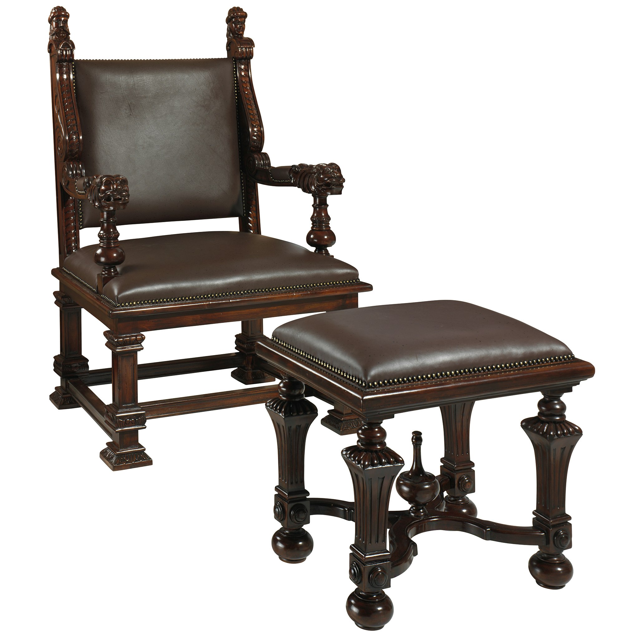 Toscano™ Lord Cumberland Throne Chair with Footstool - Cherry, Leather/Mahogany