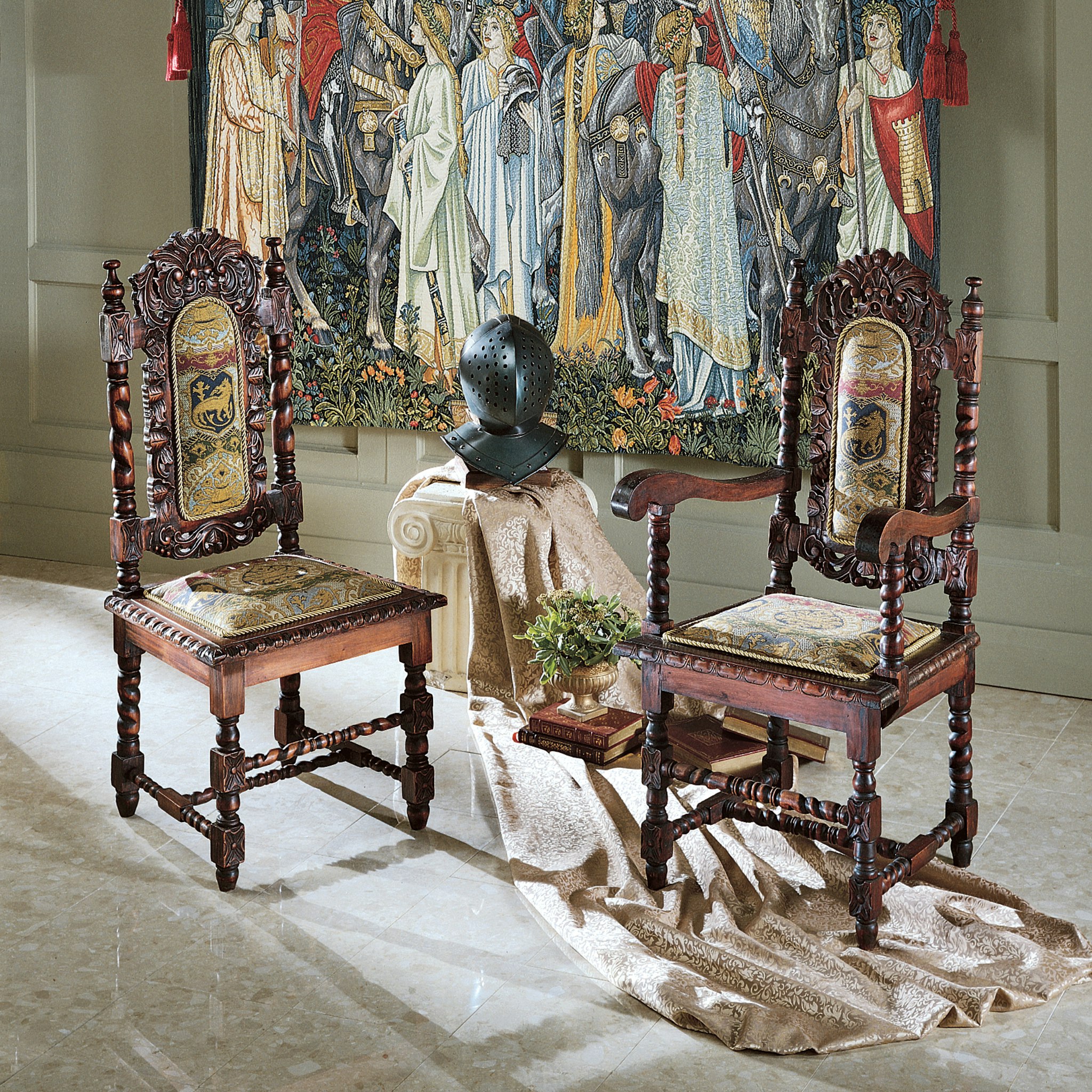 Toscano - Set of 6 Charles II Chairs in Fabric/Mahogany