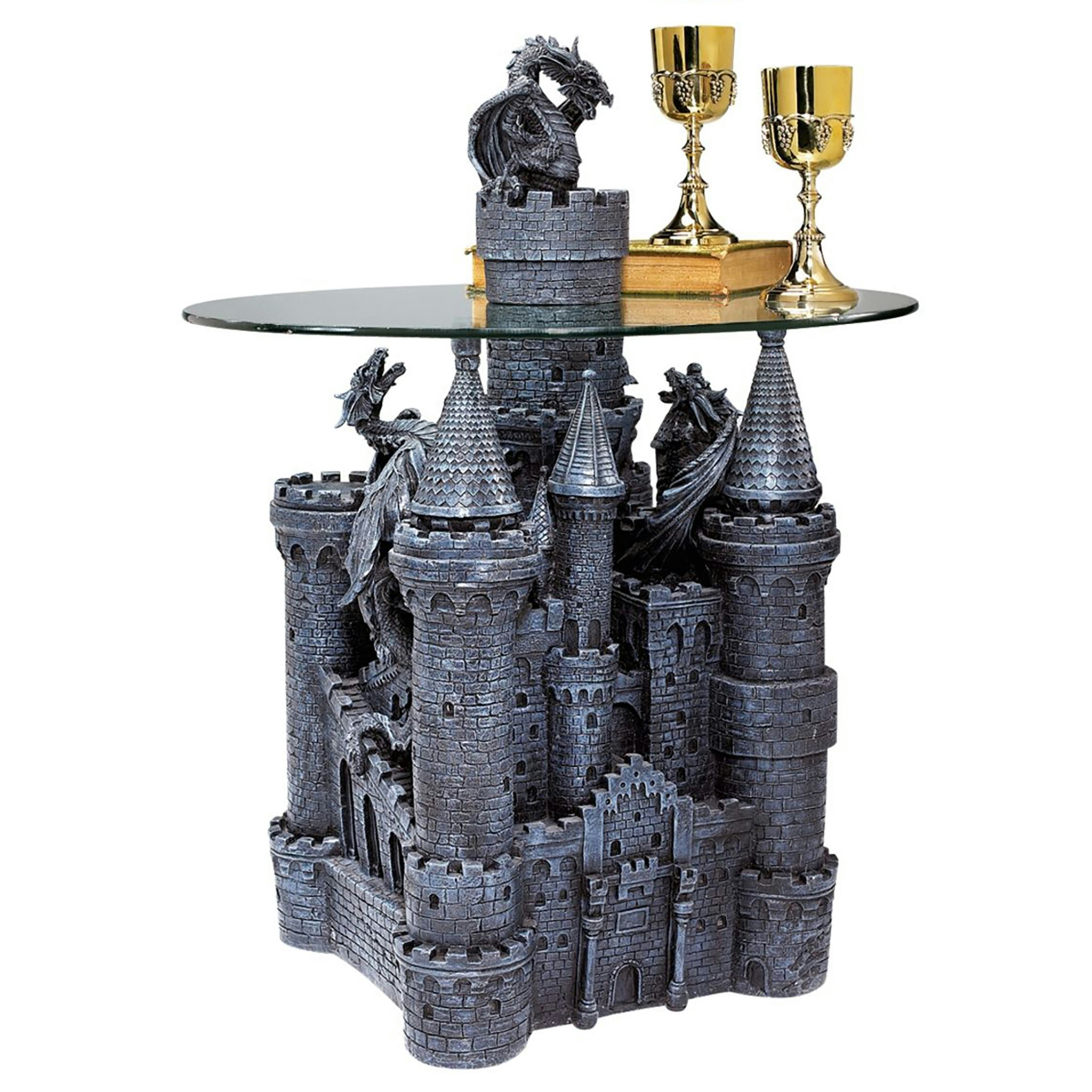 Toscano - Lord Langton Gothic Dragon Castle Sculptural Table in Graystone, Designer Resin