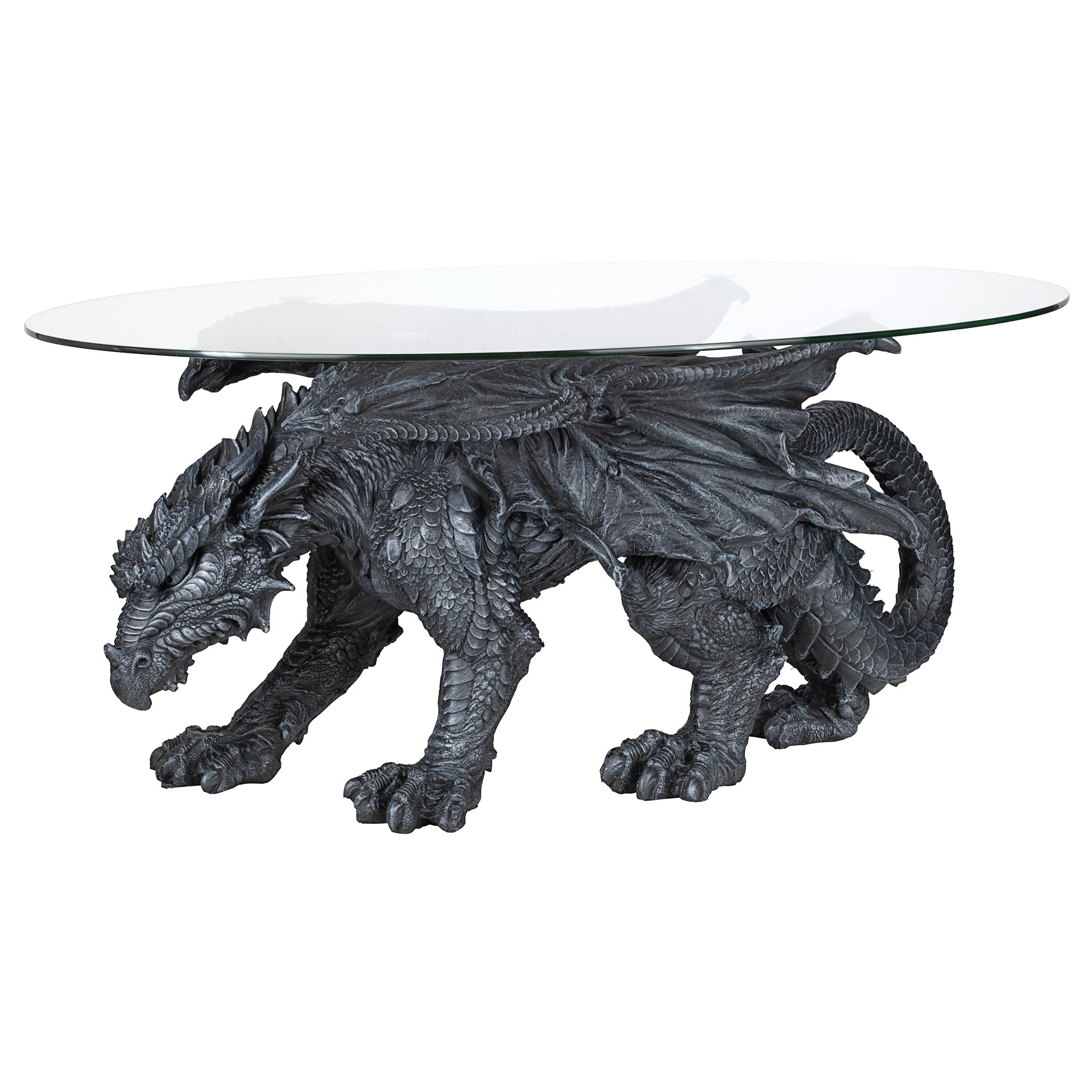 Toscano - Gothic Warwickshire Dragon Glass-Topped Sculptural Coffee Table in Greystone, Designer Resin