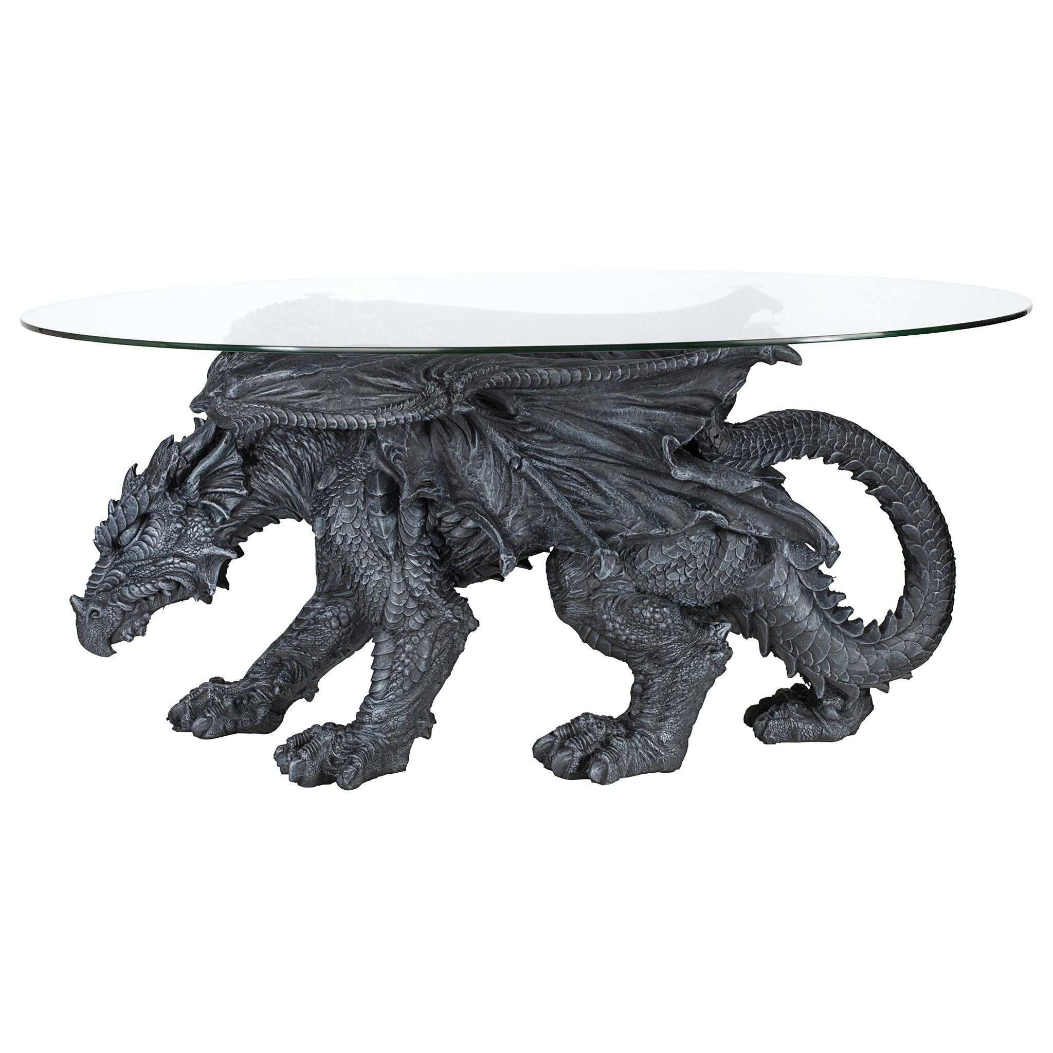 Toscano - Gothic Warwickshire Dragon Glass-Topped Sculptural Coffee Table in Greystone, Designer Resin