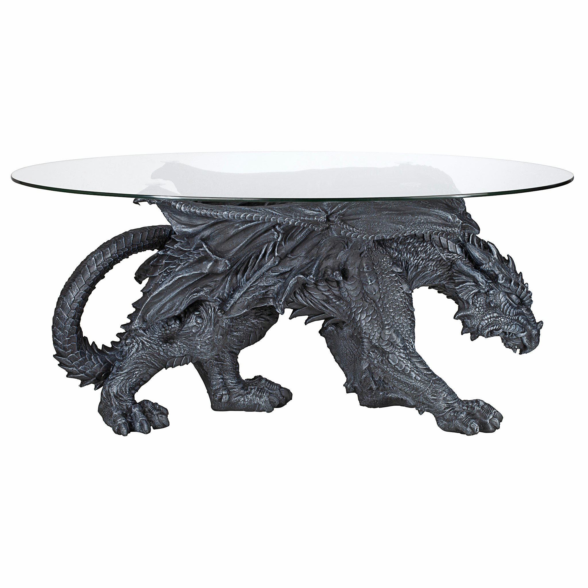 Toscano - Gothic Warwickshire Dragon Glass-Topped Sculptural Coffee Table in Greystone, Designer Resin