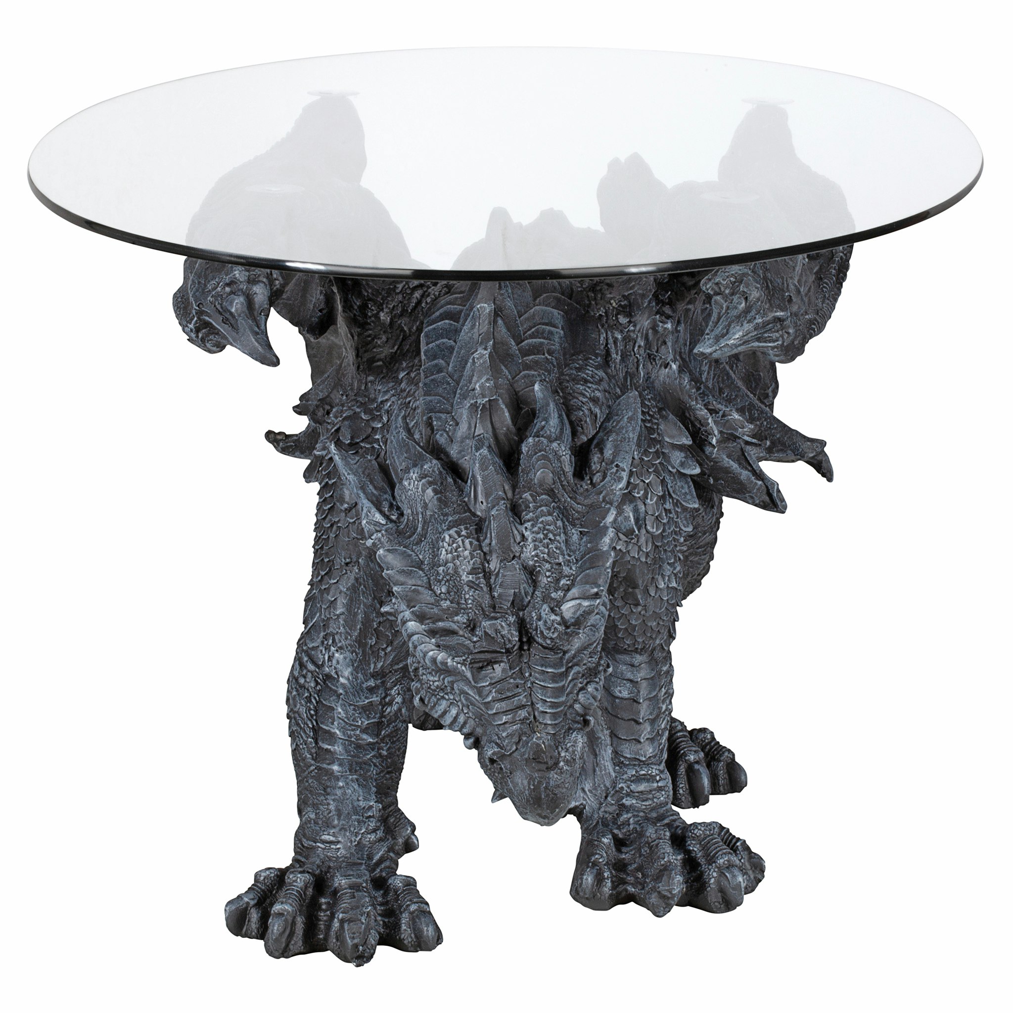 Toscano - Gothic Warwickshire Dragon Glass-Topped Sculptural Coffee Table in Greystone, Designer Resin