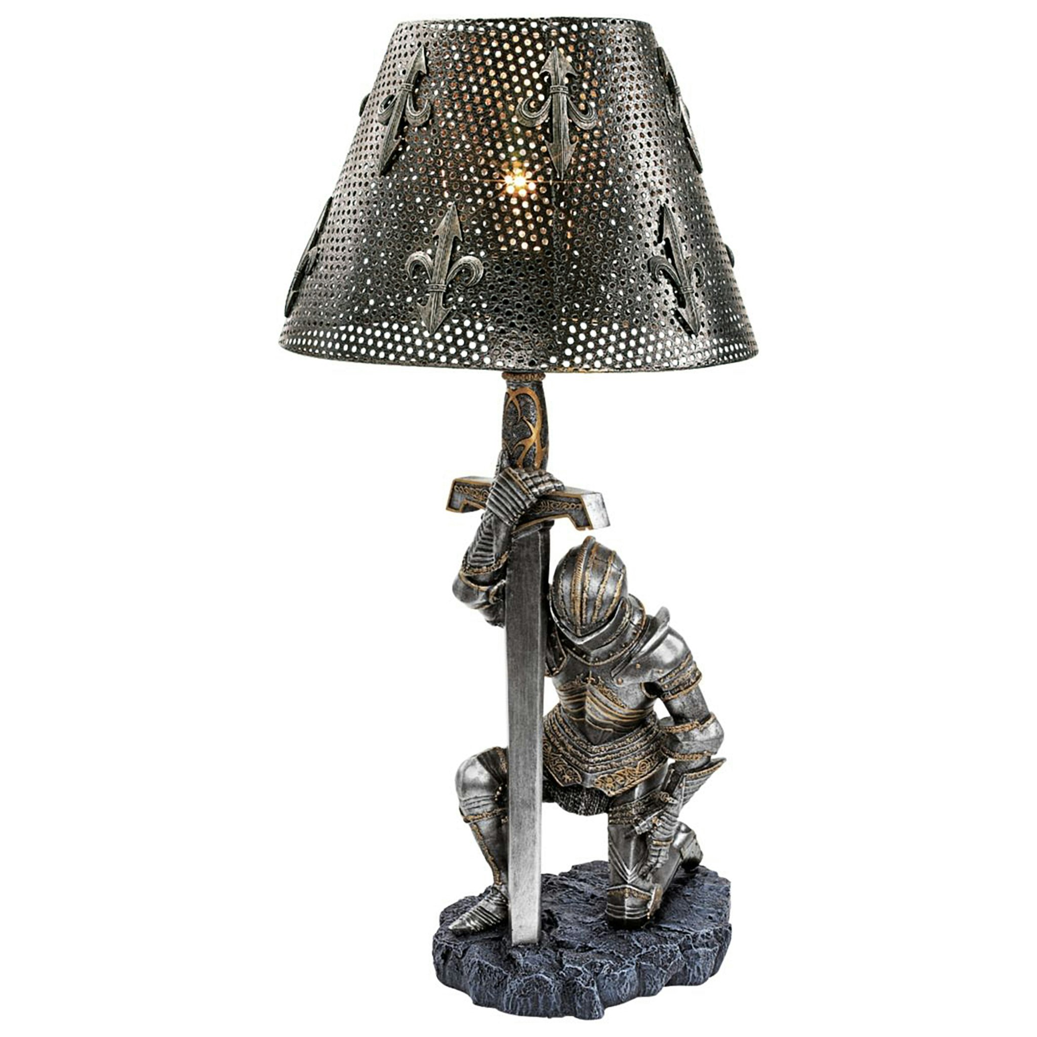 Toscano - At Battle End Sculptural Knight Lamp in Pewter, Designer Resin