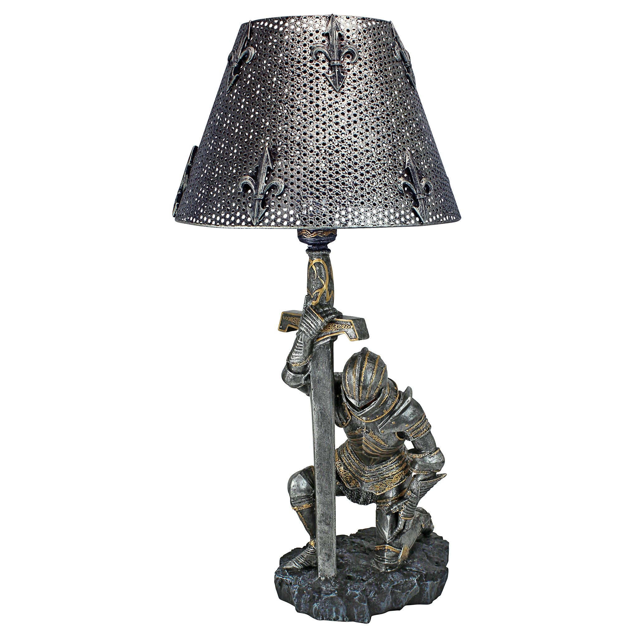 Toscano - At Battle End Sculptural Knight Lamp in Pewter, Designer Resin