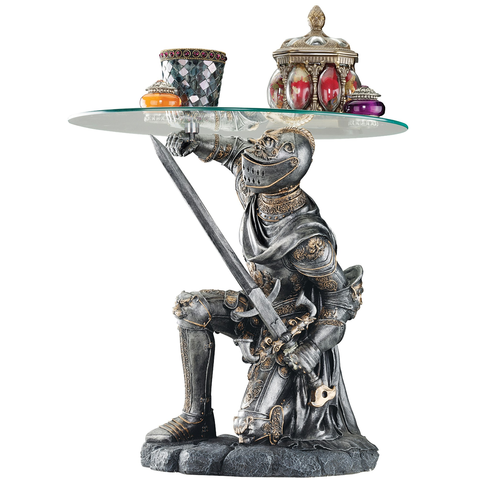 Toscano - Battle-Worthy Gothic Knight Sculptural Table in Pewter, Designer Resin