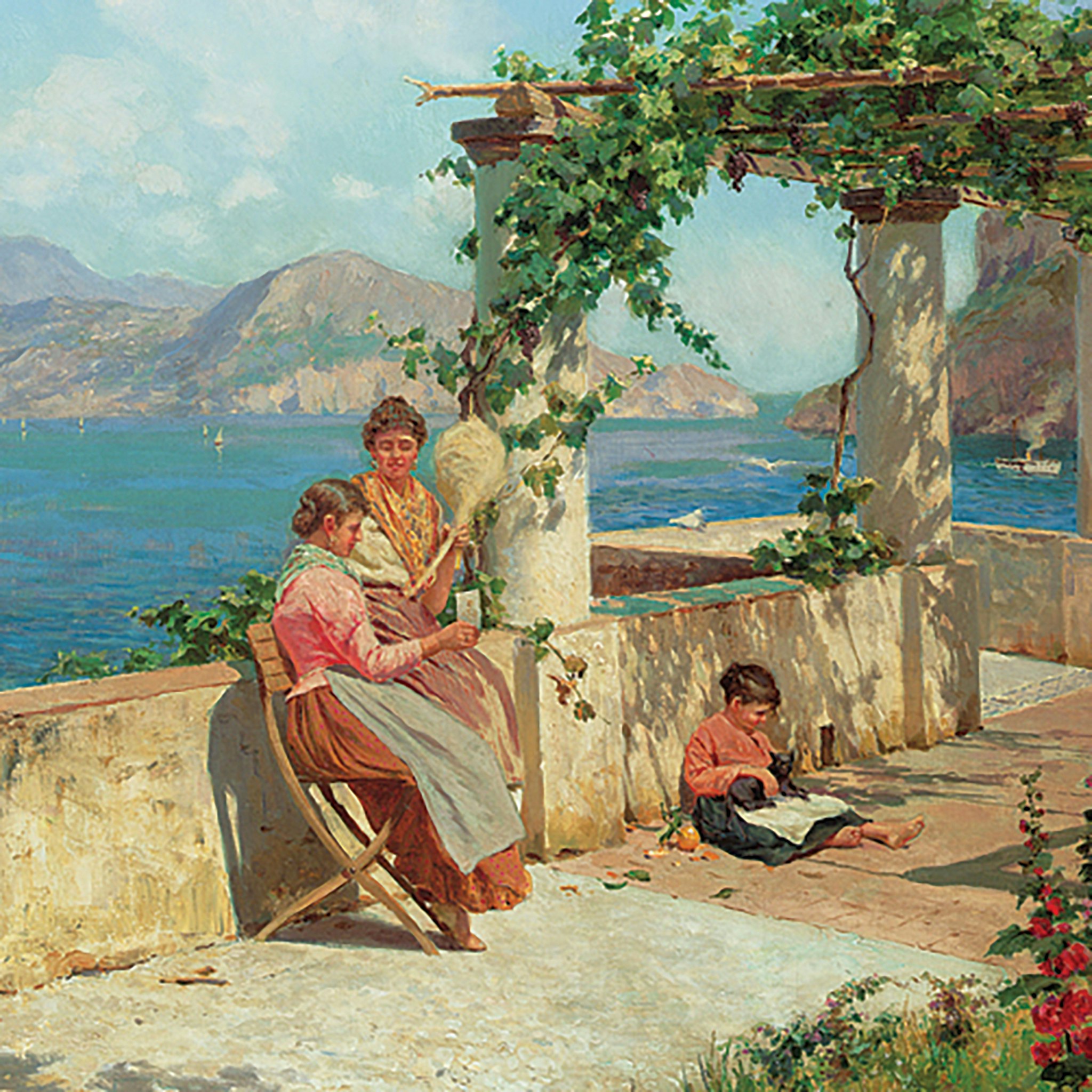 Toscano Figures on a Terrace in Capri Framed Canvas Replica Painting - Small