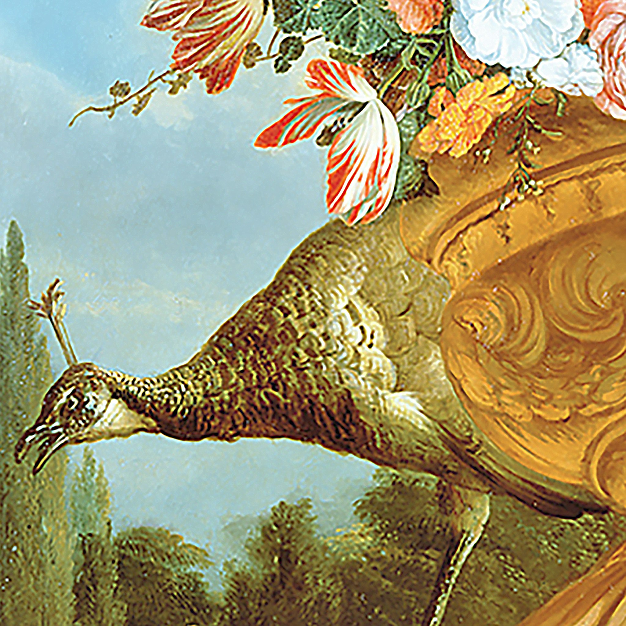 Toscano A Peacock on a Decorative Urn Framed Canvas Replica Painting - Large