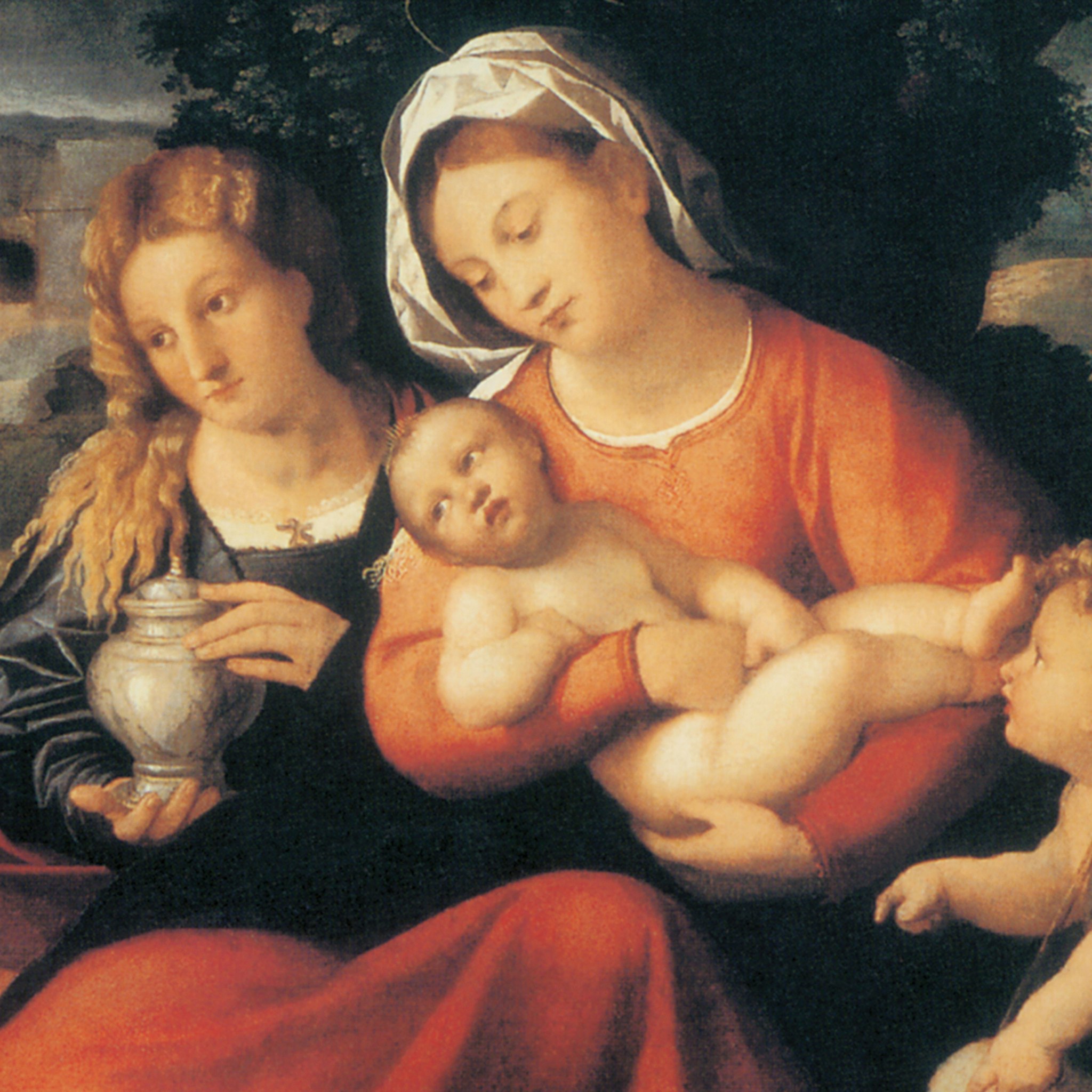 Toscano Holy Family with Saint John and Mary Magdalene Framed Canvas Replica Painting - Grande