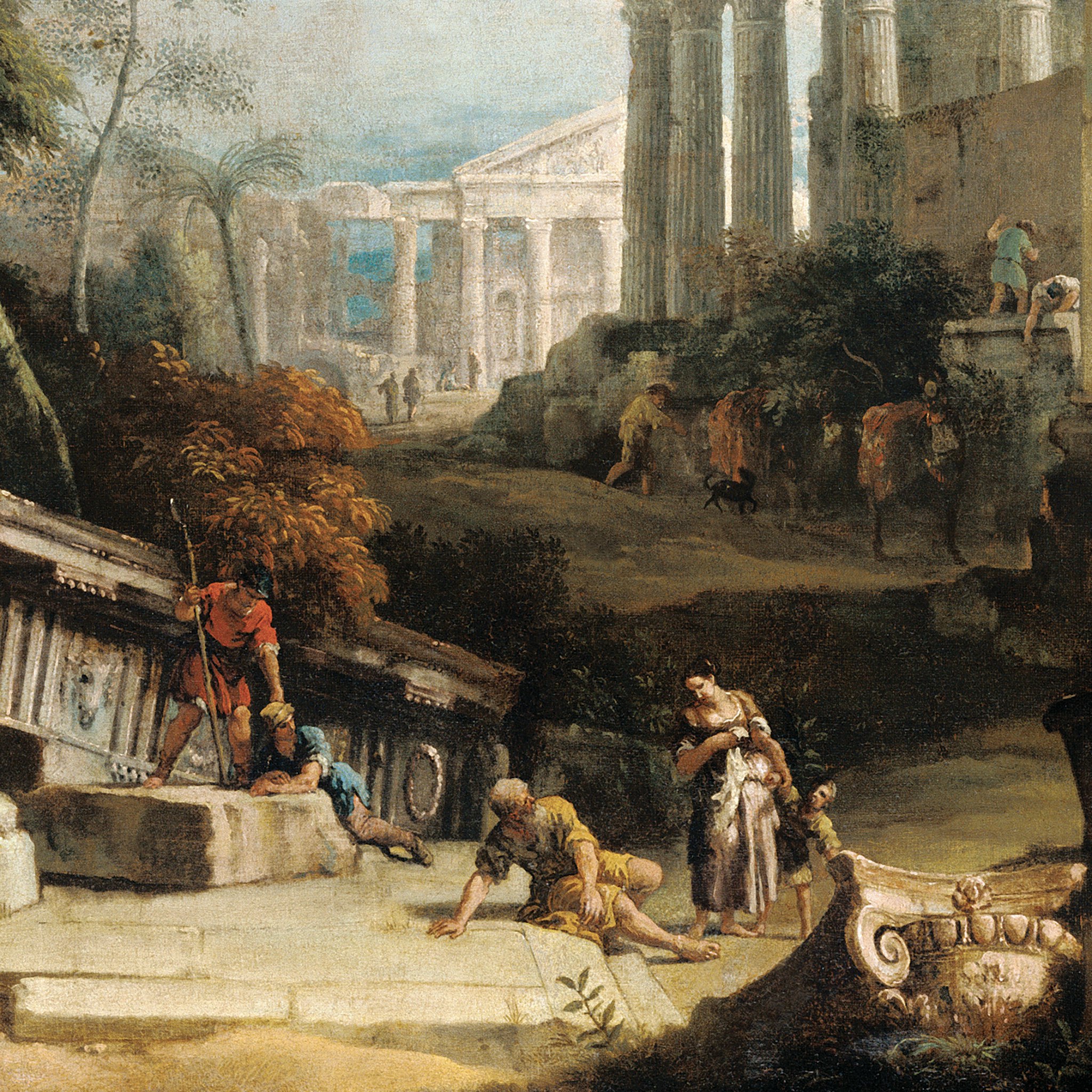 Toscano Landscape with Classical Ruins and Figures Framed Canvas Replica Painting - Medium