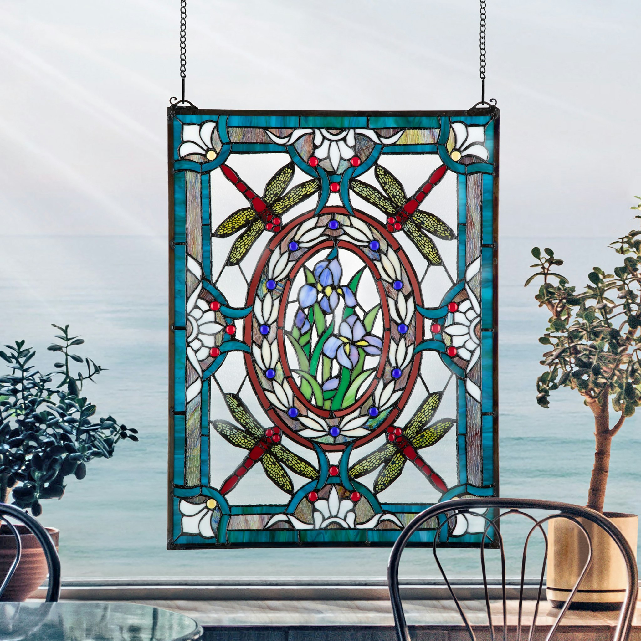 Toscano Dragonfly Floral Stained Glass Window