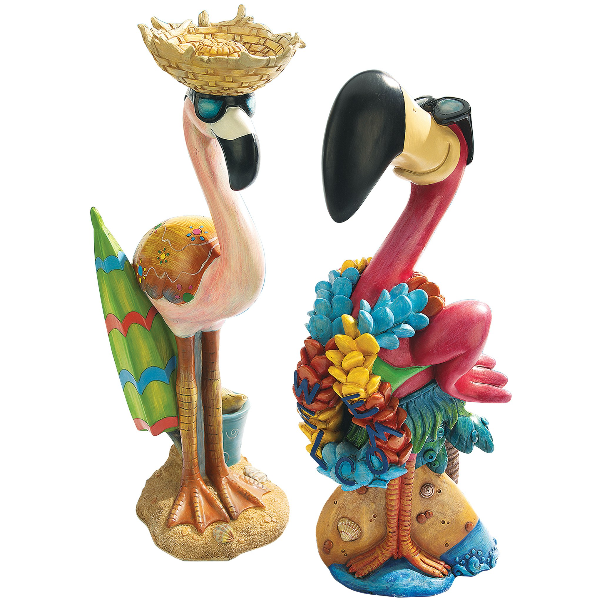 Toscano - Set of 2 Pink Flamingo Garden Statues in Luau Larry, Flamingo Frank