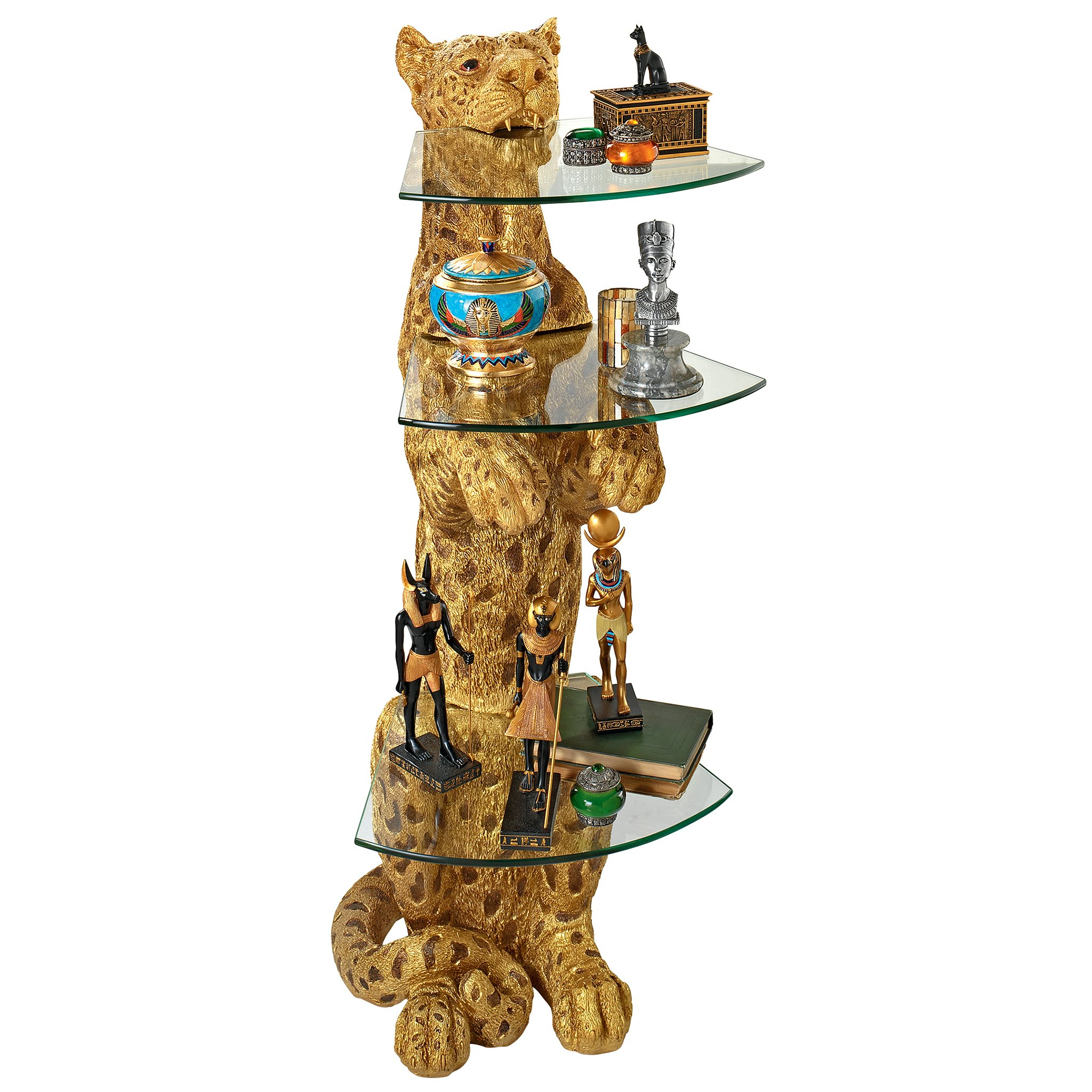 Toscano - Royal Egyptian Cheetah Sculptural Glass-Shelved Pedestal Table in Designer Resin