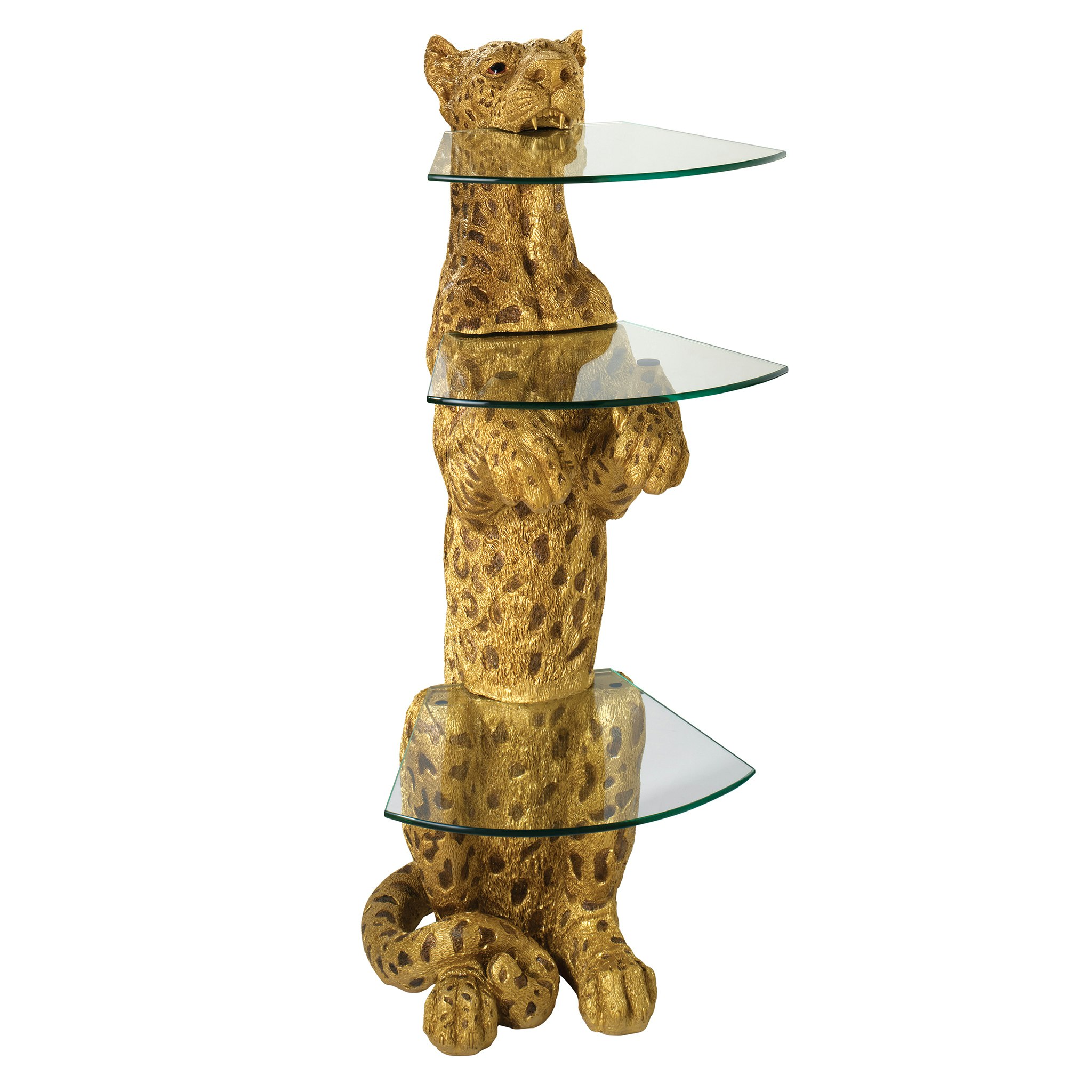 Toscano - Royal Egyptian Cheetah Sculptural Glass-Shelved Pedestal Table in Designer Resin