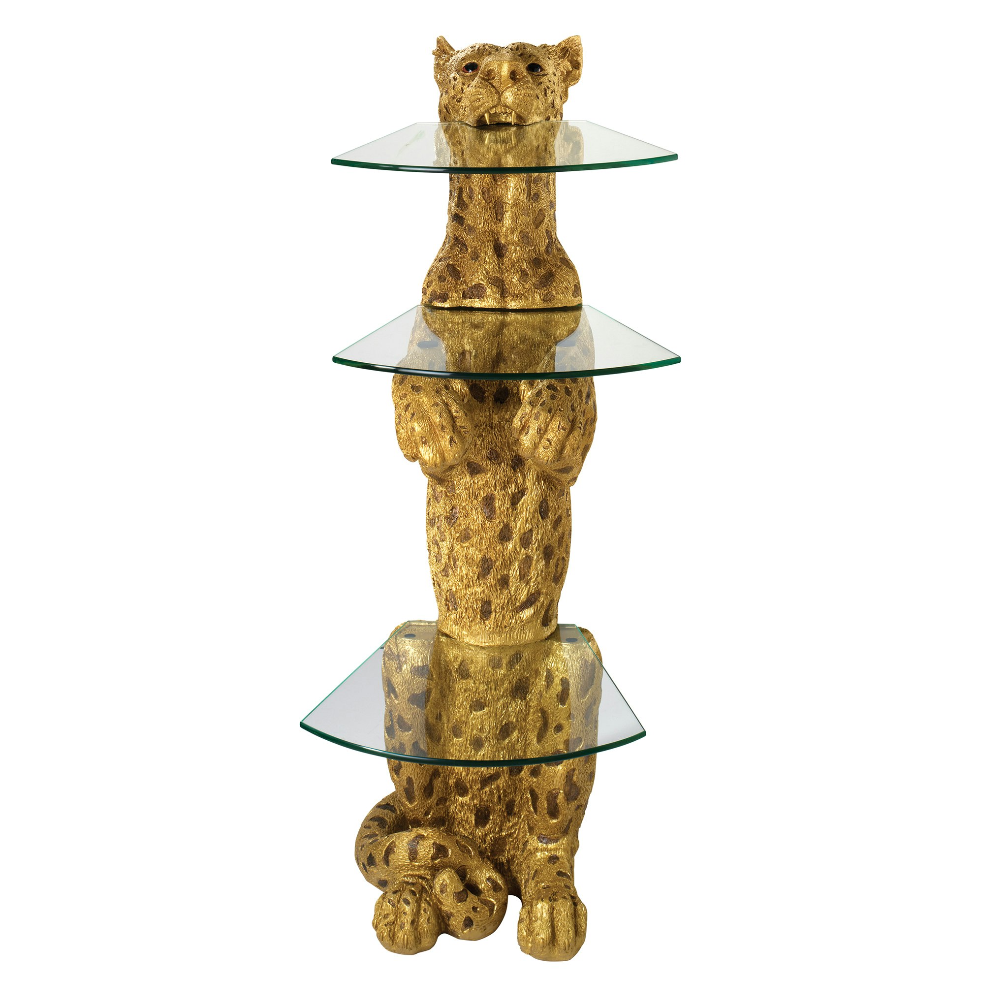 Toscano - Royal Egyptian Cheetah Sculptural Glass-Shelved Pedestal Table in Designer Resin