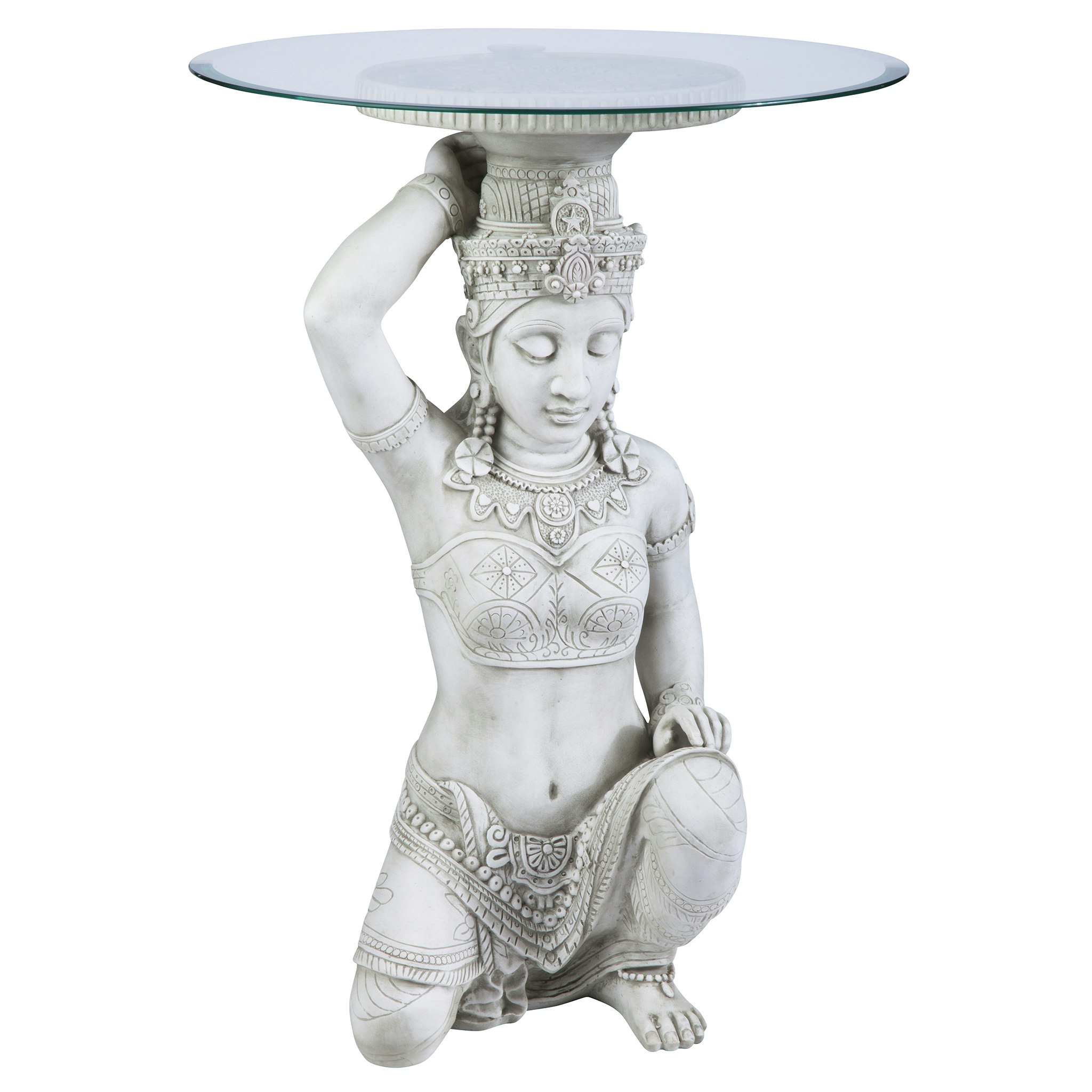 Toscano - Asian Thai Teppanom Glass-Topped End Table in Antique Stone, Designer Resin