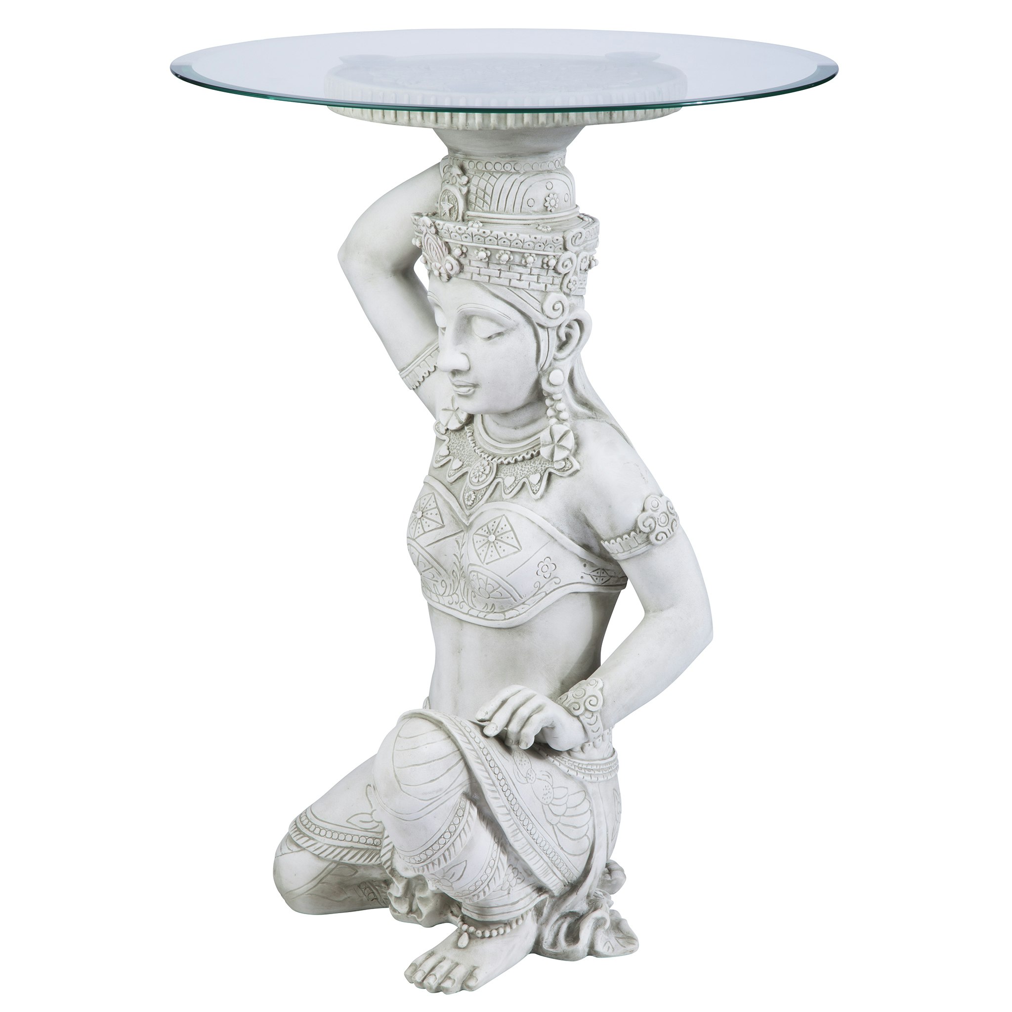 Toscano - Asian Thai Teppanom Glass-Topped End Table in Antique Stone, Designer Resin