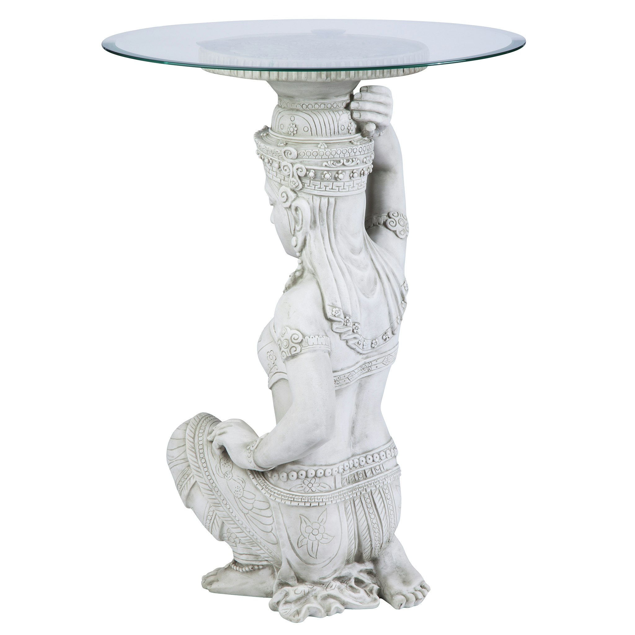 Toscano - Asian Thai Teppanom Glass-Topped End Table in Antique Stone, Designer Resin