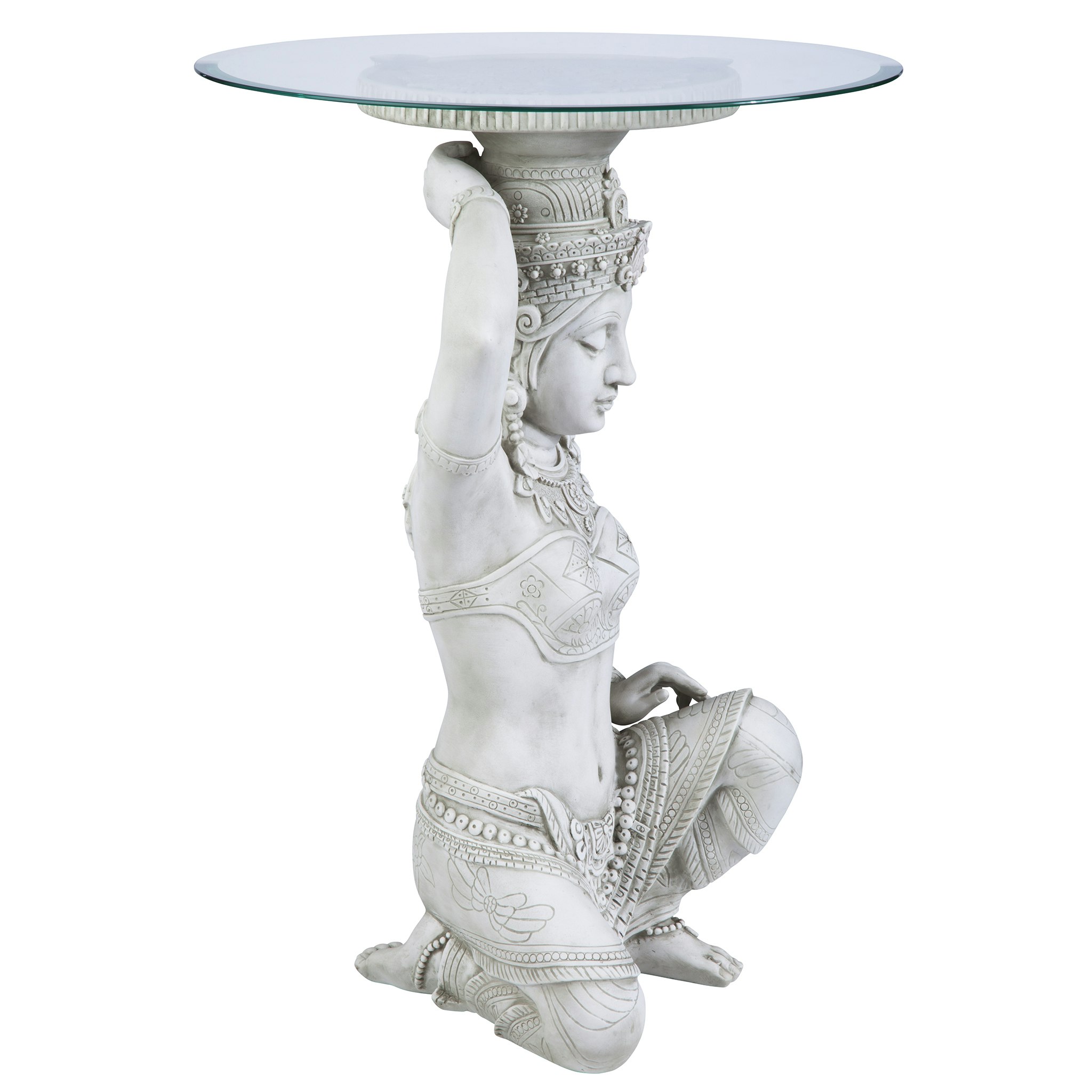 Toscano - Asian Thai Teppanom Glass-Topped End Table in Antique Stone, Designer Resin