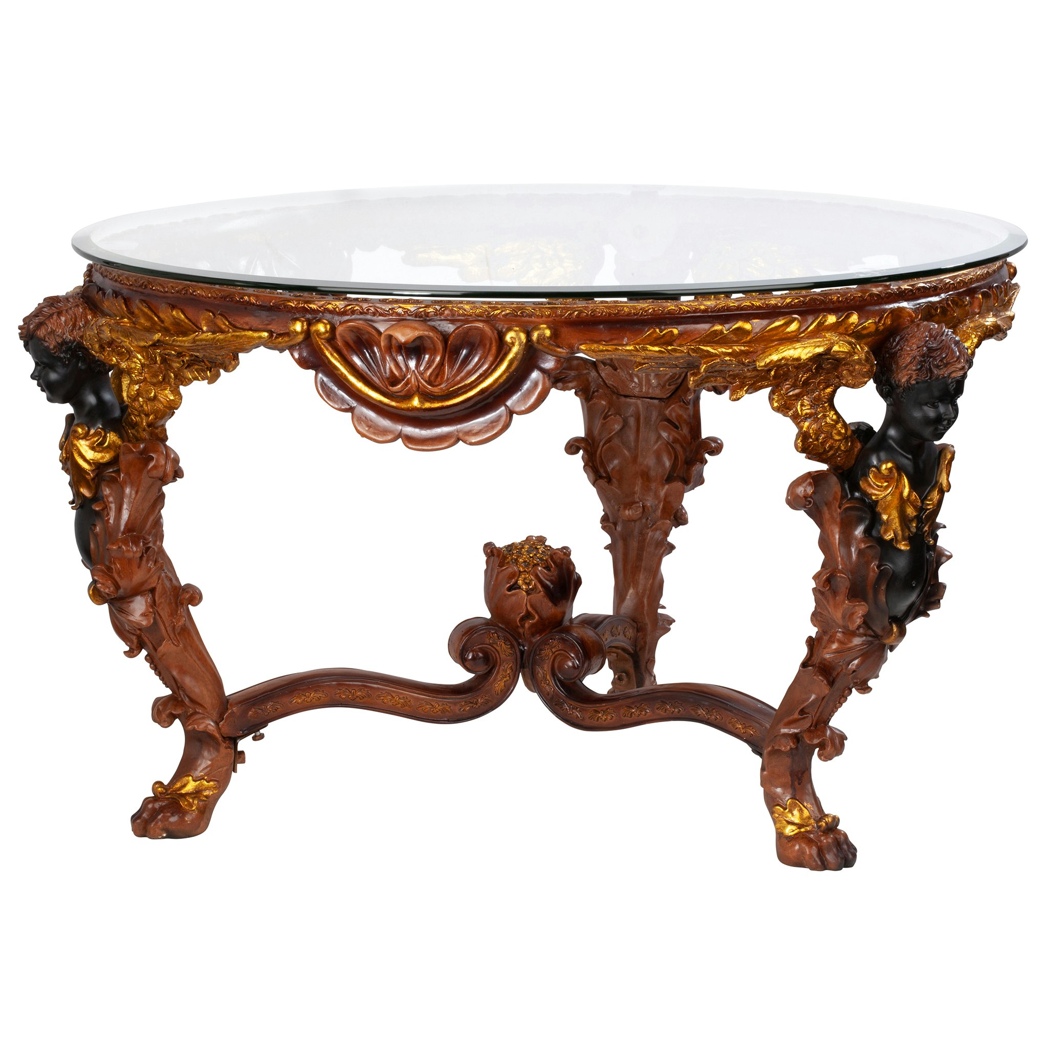 Toscano - Louis XIV Glass-Topped Coffee Table in Woodtone, Designer Resin