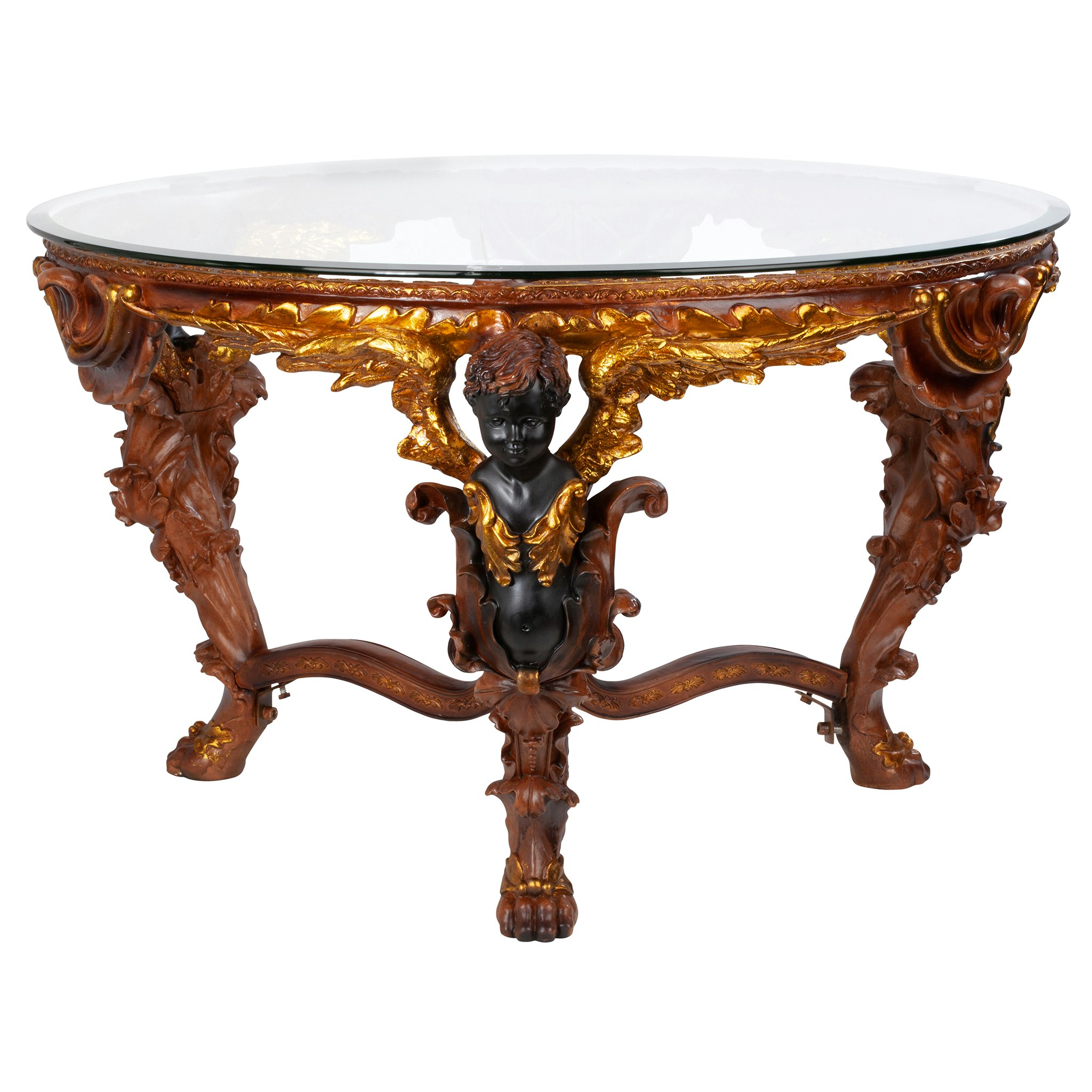 Toscano - Louis XIV Glass-Topped Coffee Table in Woodtone, Designer Resin