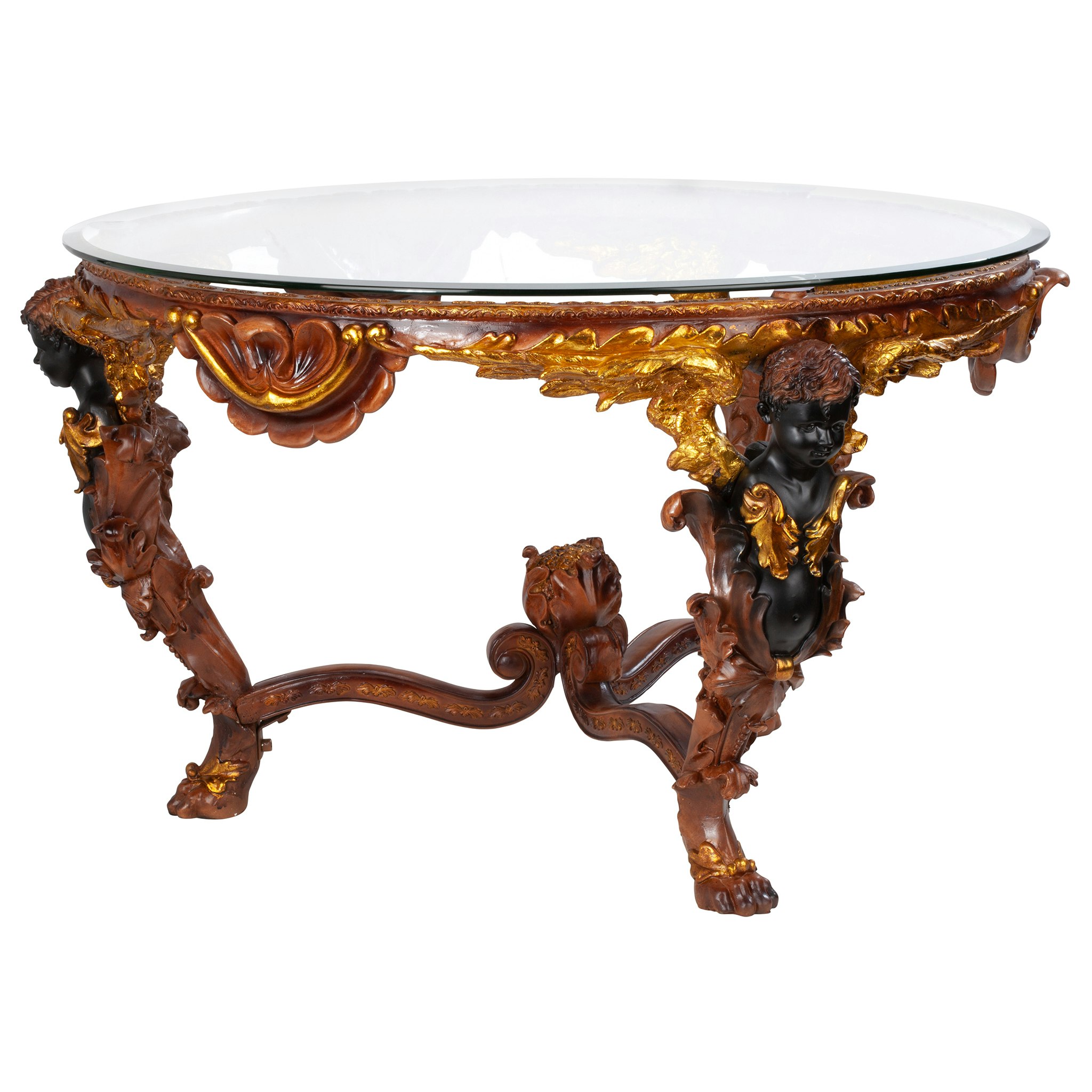 Toscano - Louis XIV Glass-Topped Coffee Table in Woodtone, Designer Resin