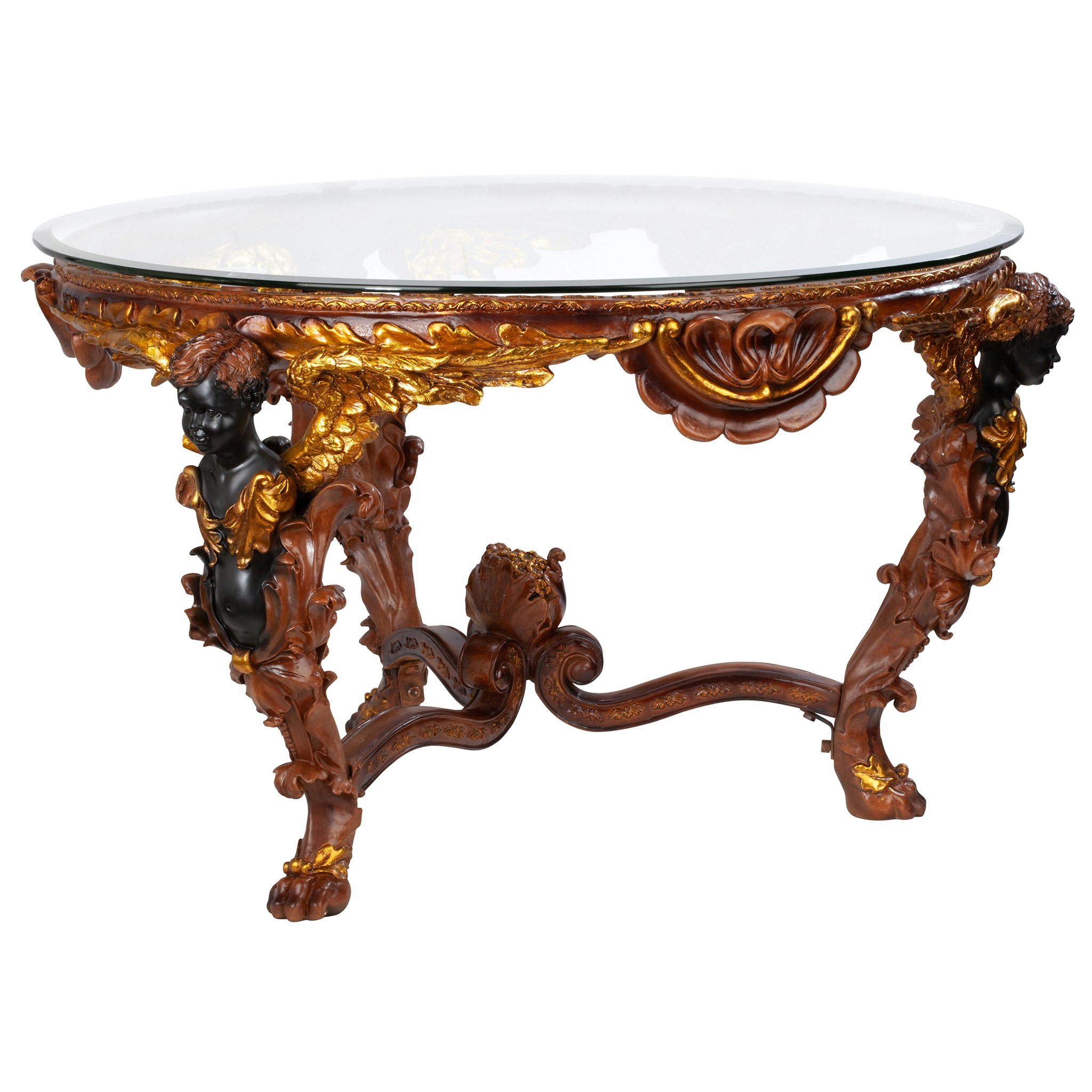 Toscano - Louis XIV Glass-Topped Coffee Table in Woodtone, Designer Resin