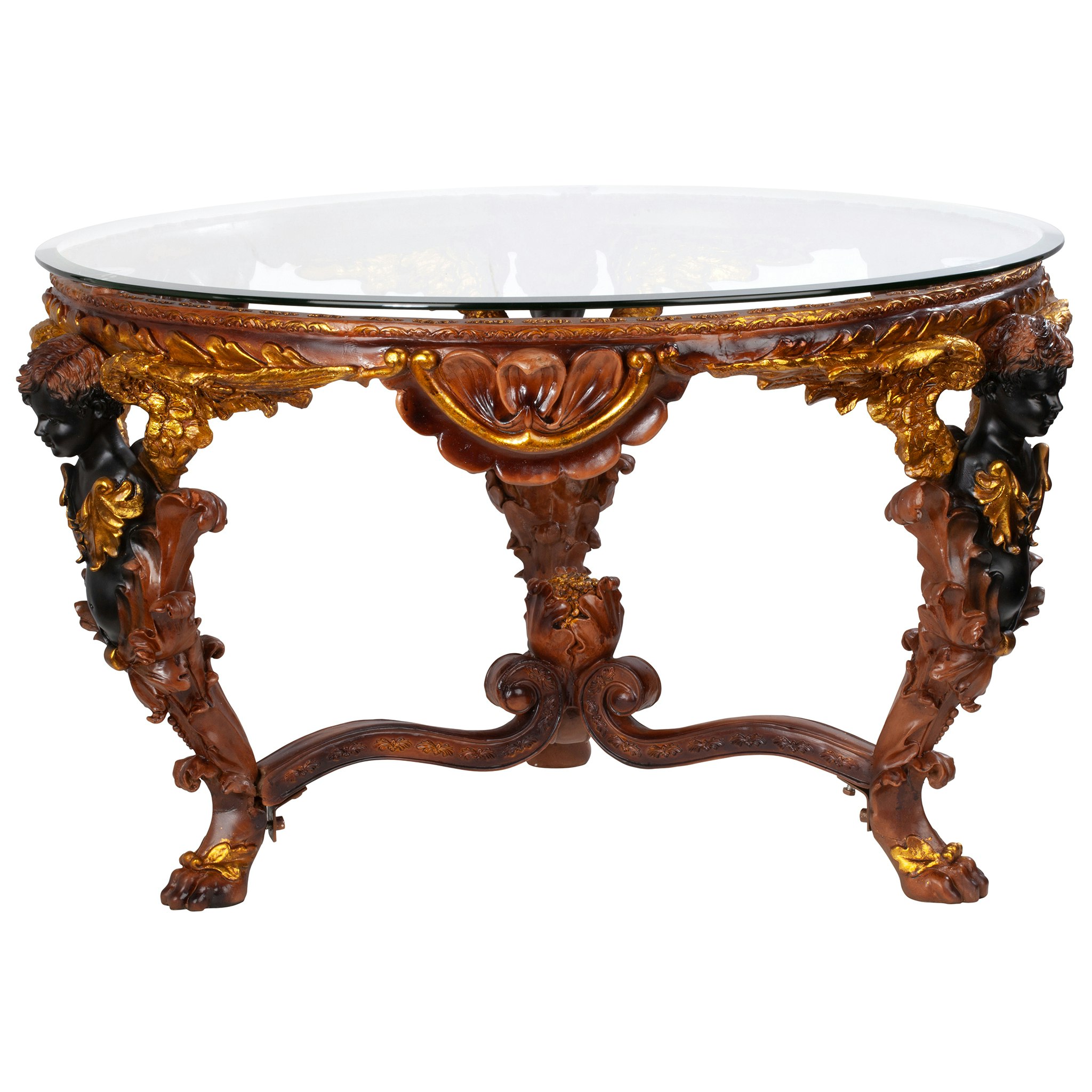 Toscano - Louis XIV Glass-Topped Coffee Table in Woodtone, Designer Resin