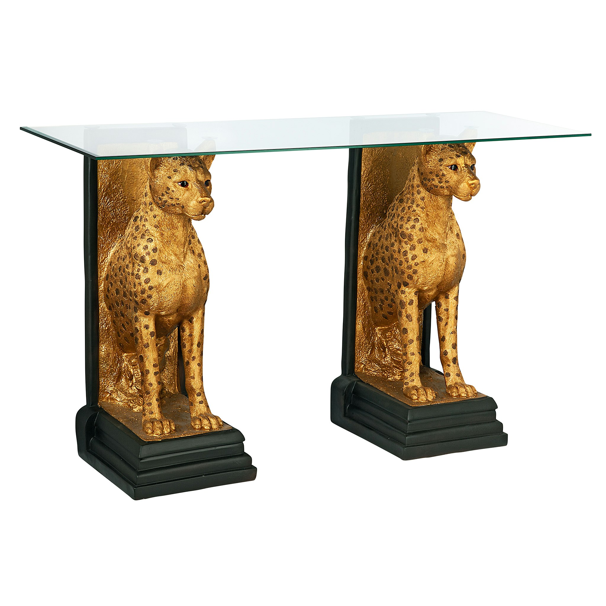 Toscano - Royal Egyptian Cheetahs Sculptural Glass-Topped Console in Designer Resin