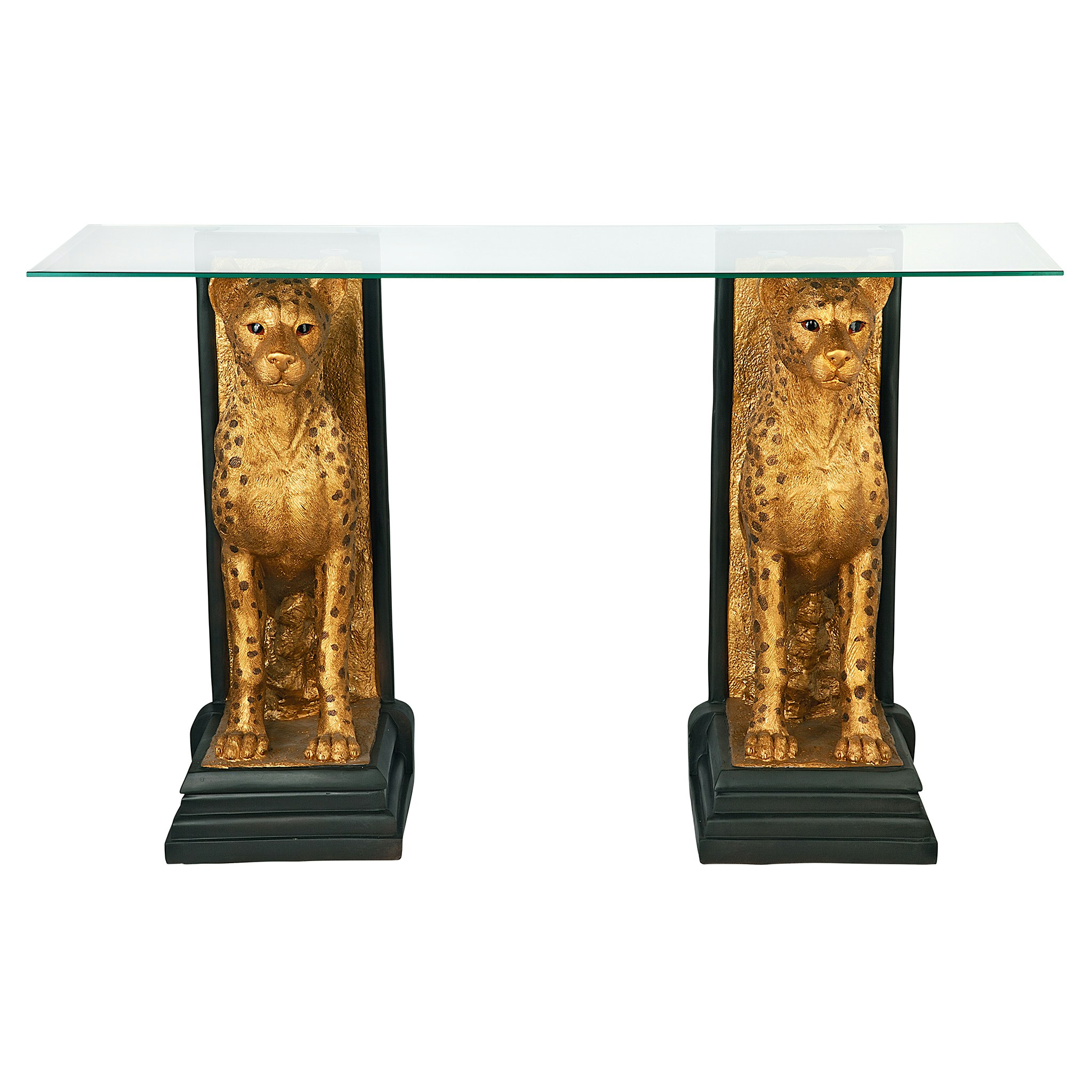 Toscano - Royal Egyptian Cheetahs Sculptural Glass-Topped Console in Designer Resin