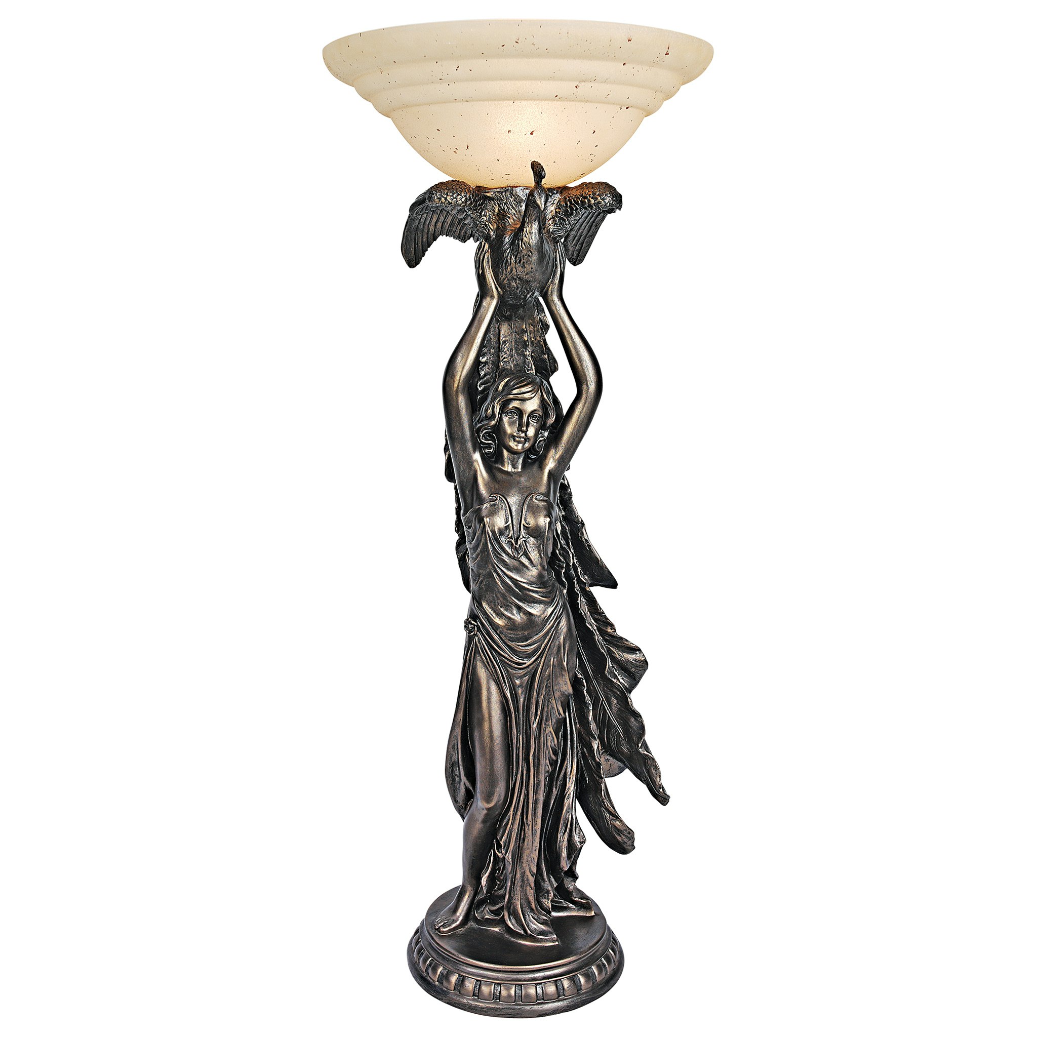 Toscano - The Peacock Goddess Torchiere Table Lamp in Bronze, Designer Resin